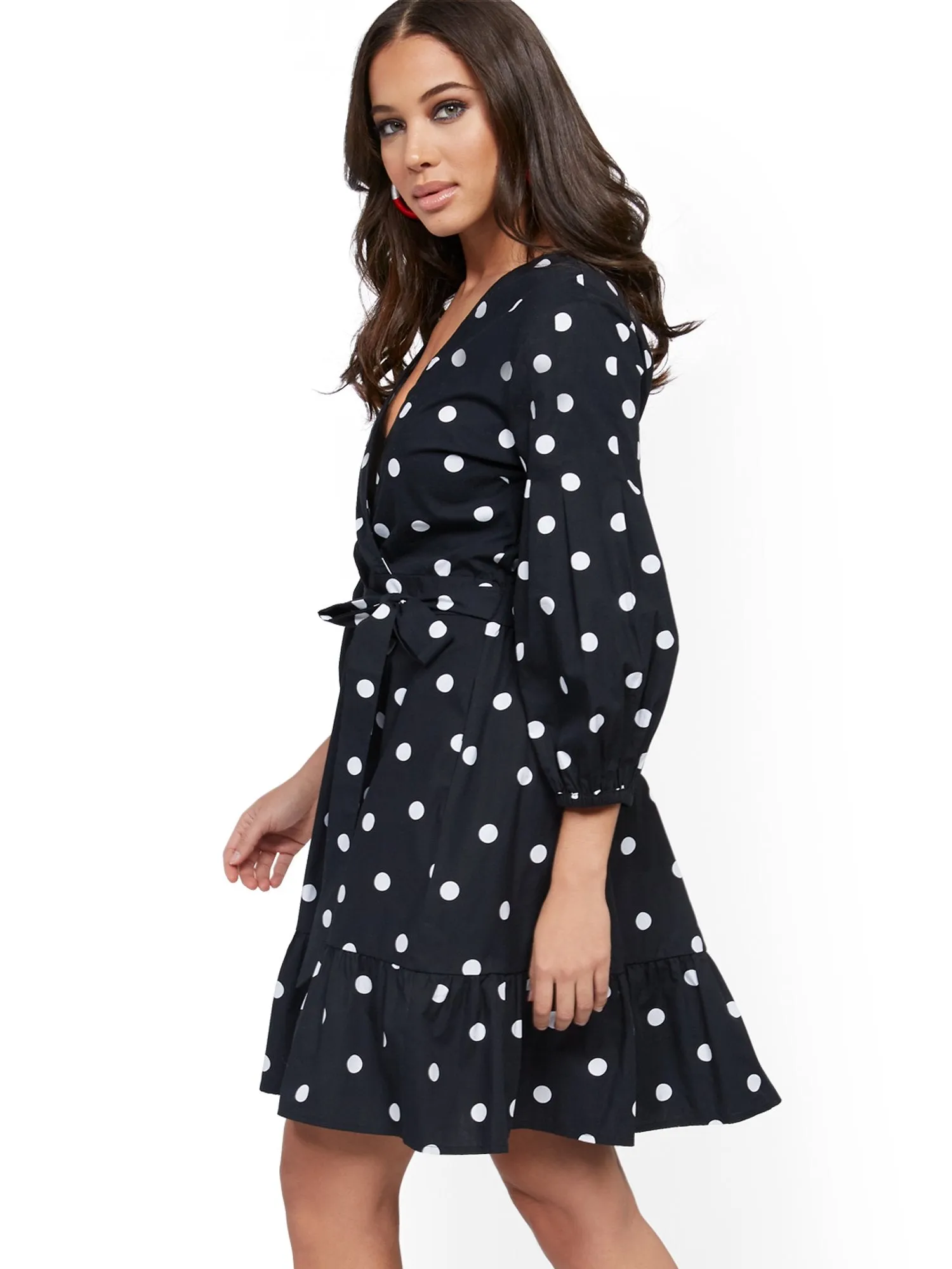 Dot-Print Belted Poplin Wrap Dress