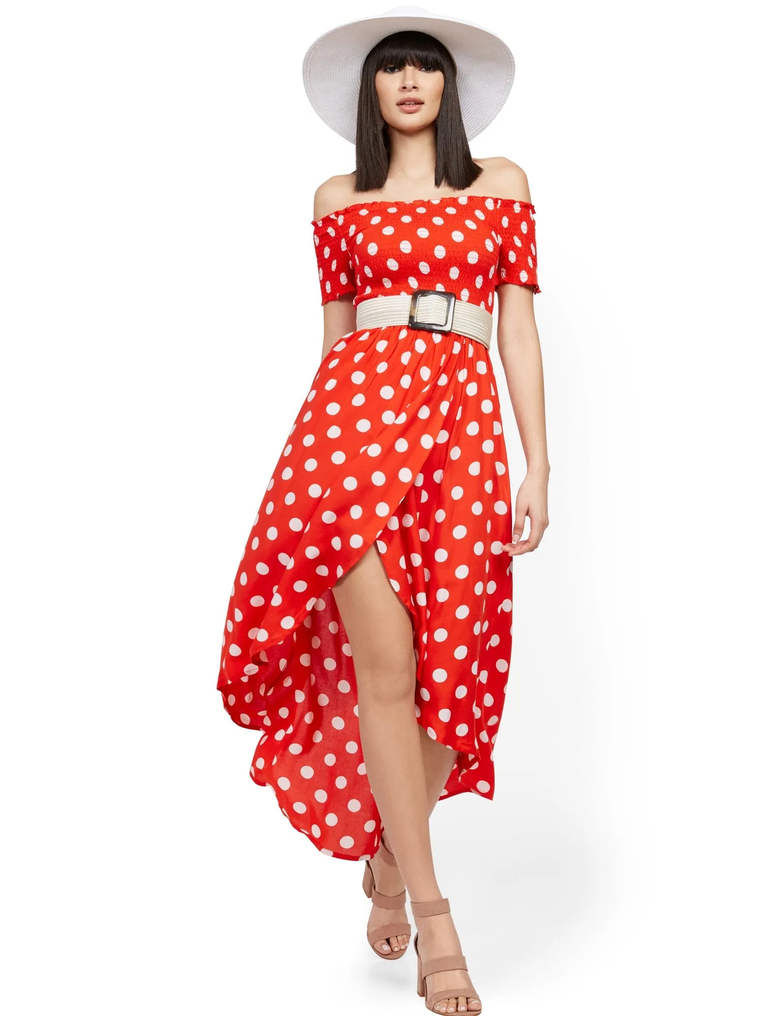 Dot-Print Off-The-Shoulder Hi-Lo Wrap Maxi Dress