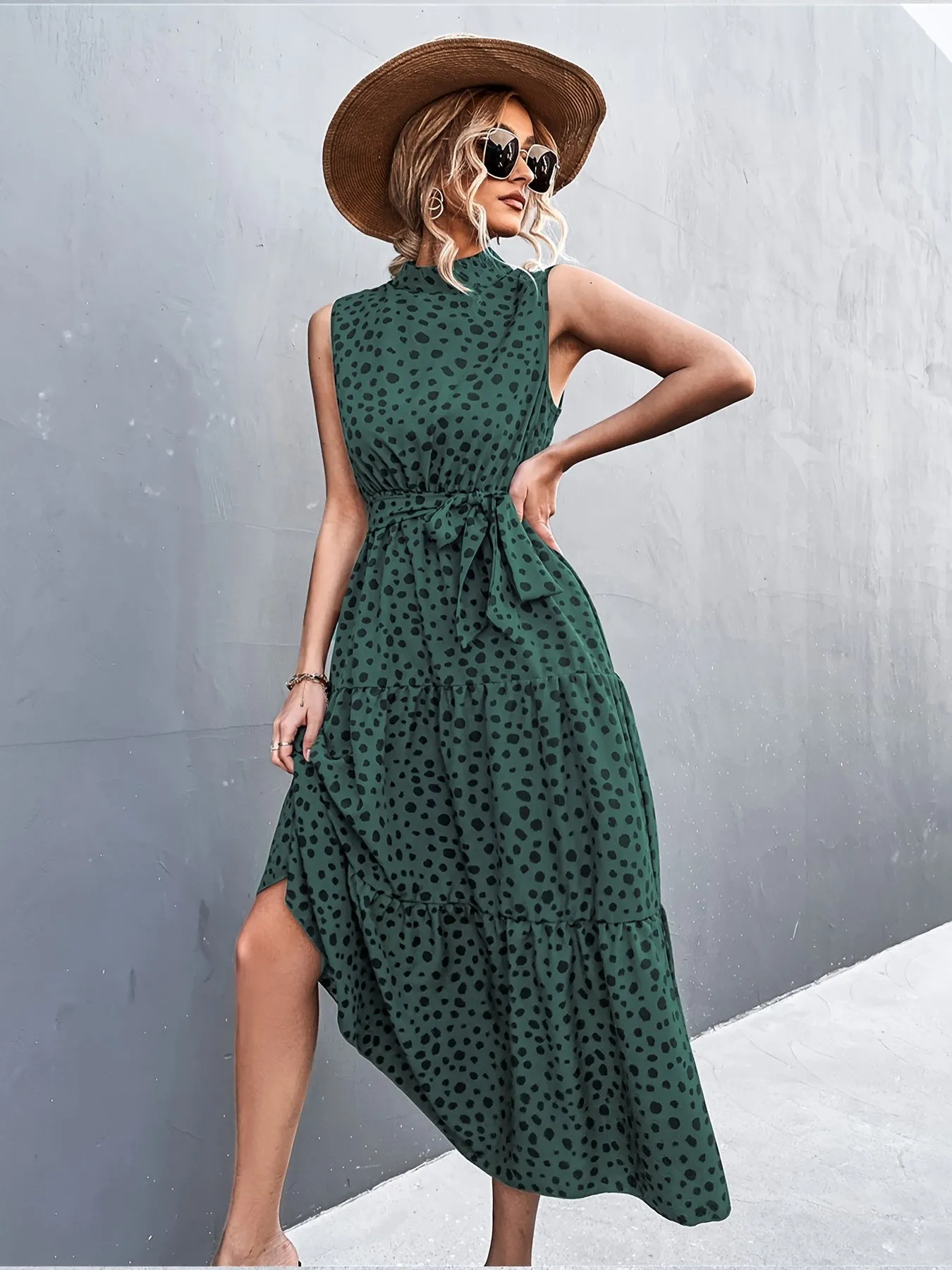 Dot Print Sleeveless High Neck Belt Waist Maxi Dress