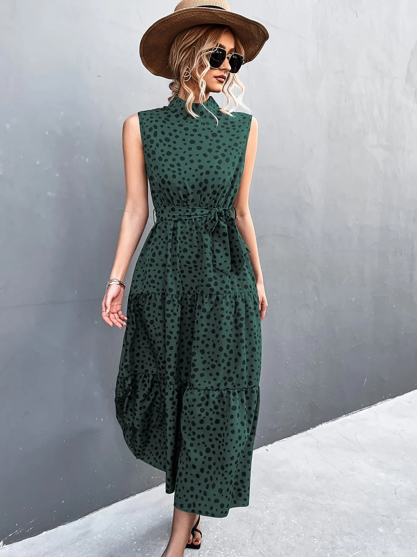 Dot Print Sleeveless High Neck Belt Waist Maxi Dress