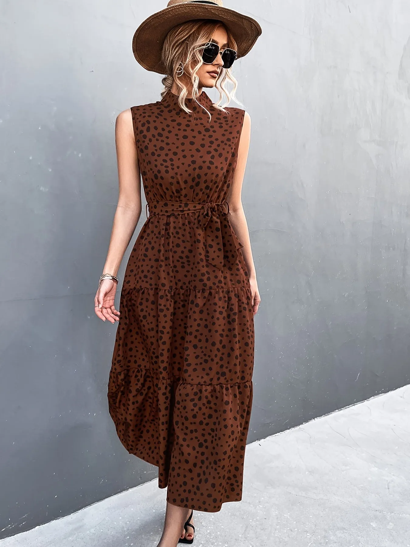 Dot Print Sleeveless High Neck Belt Waist Maxi Dress