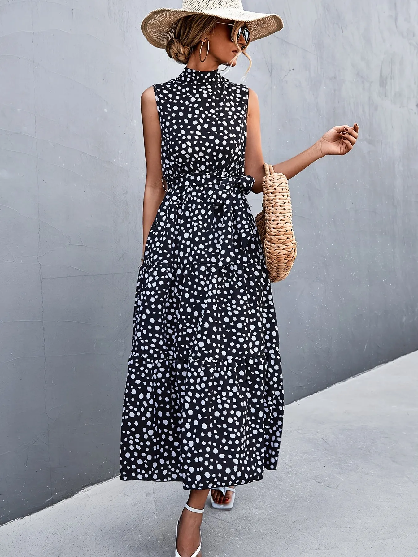 Dot Print Sleeveless High Neck Belt Waist Maxi Dress