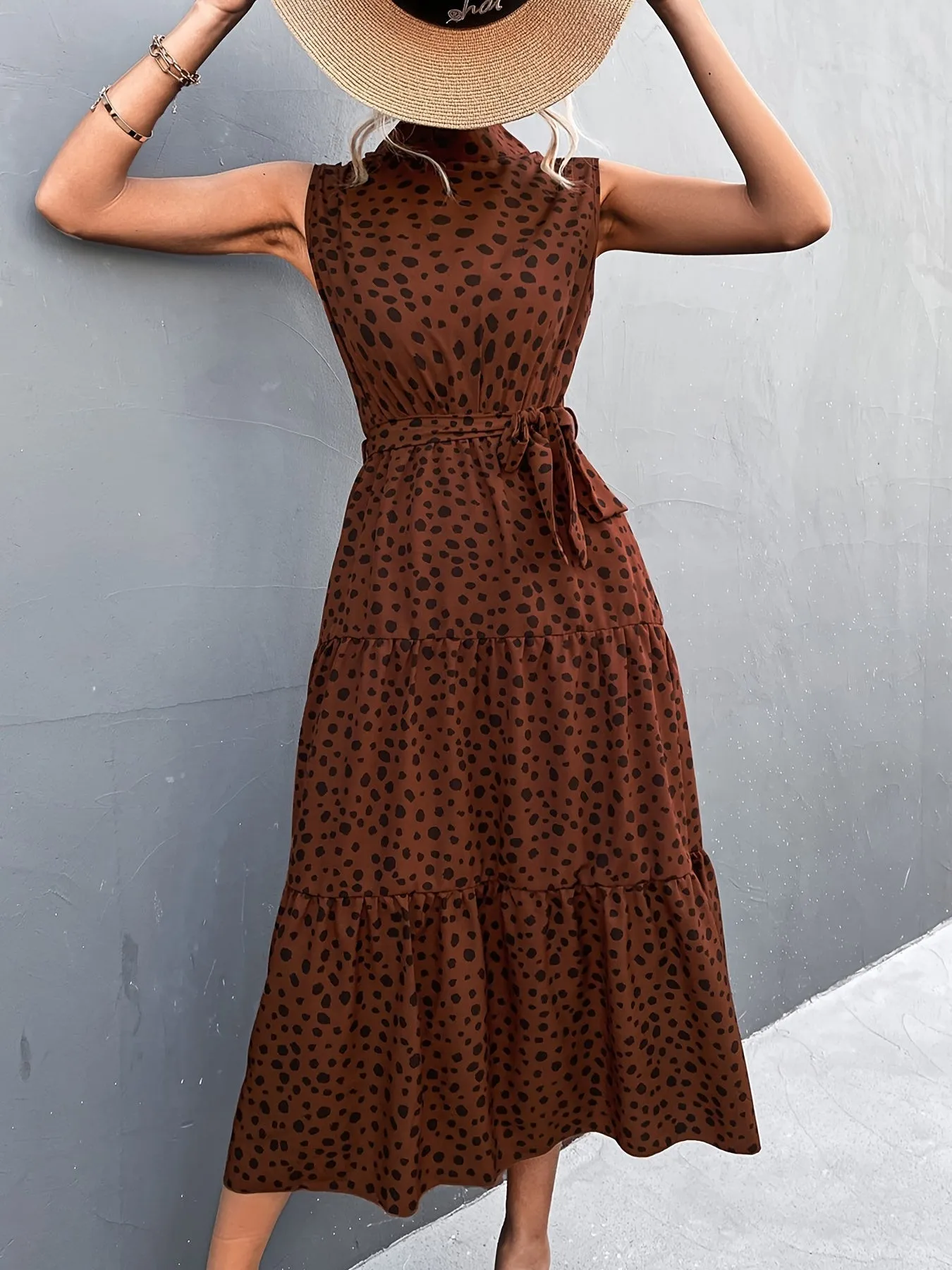 Dot Print Sleeveless High Neck Belt Waist Maxi Dress