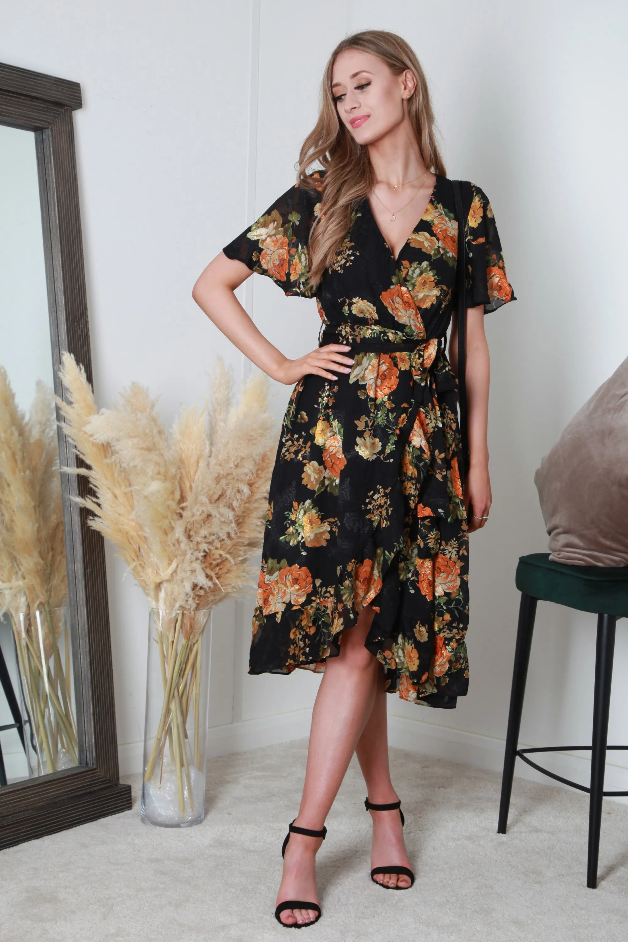 Double Second Black Orange Printed Dobby Midi Wrap Dress