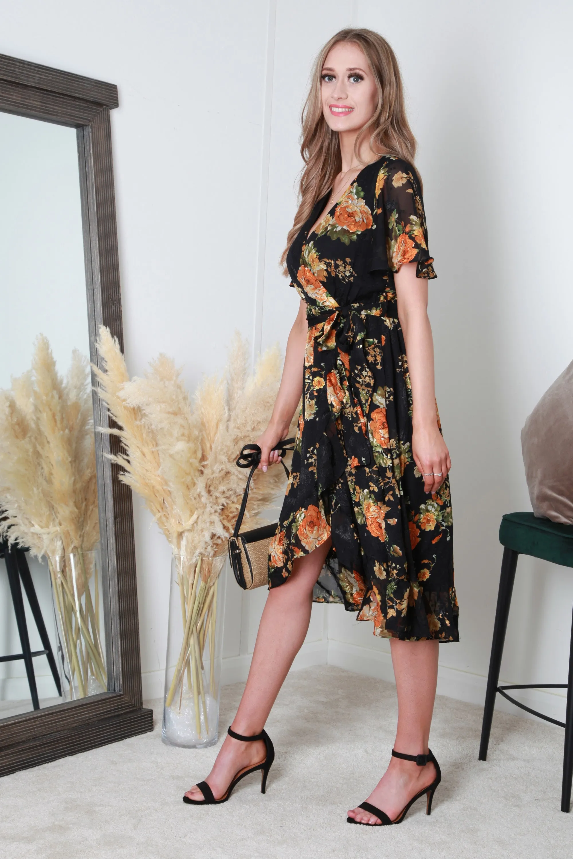 Double Second Black Orange Printed Dobby Midi Wrap Dress