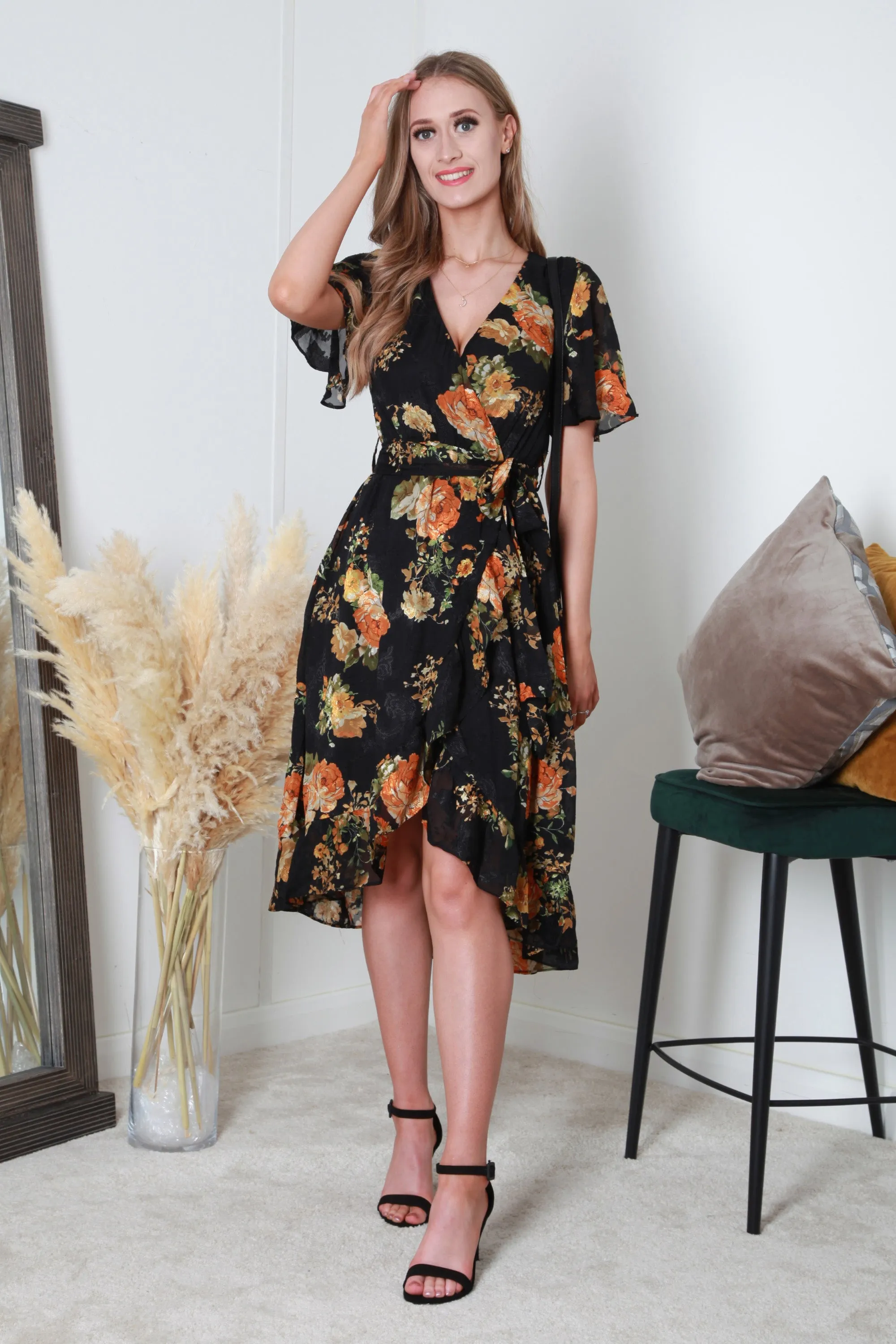 Double Second Black Orange Printed Dobby Midi Wrap Dress