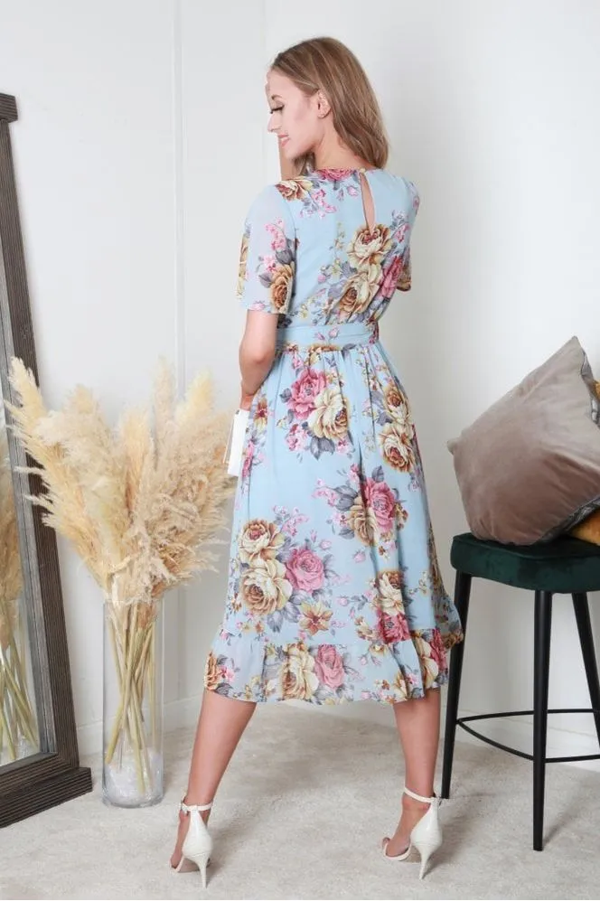 Double Second Blue Printed Midi Wrap Dress