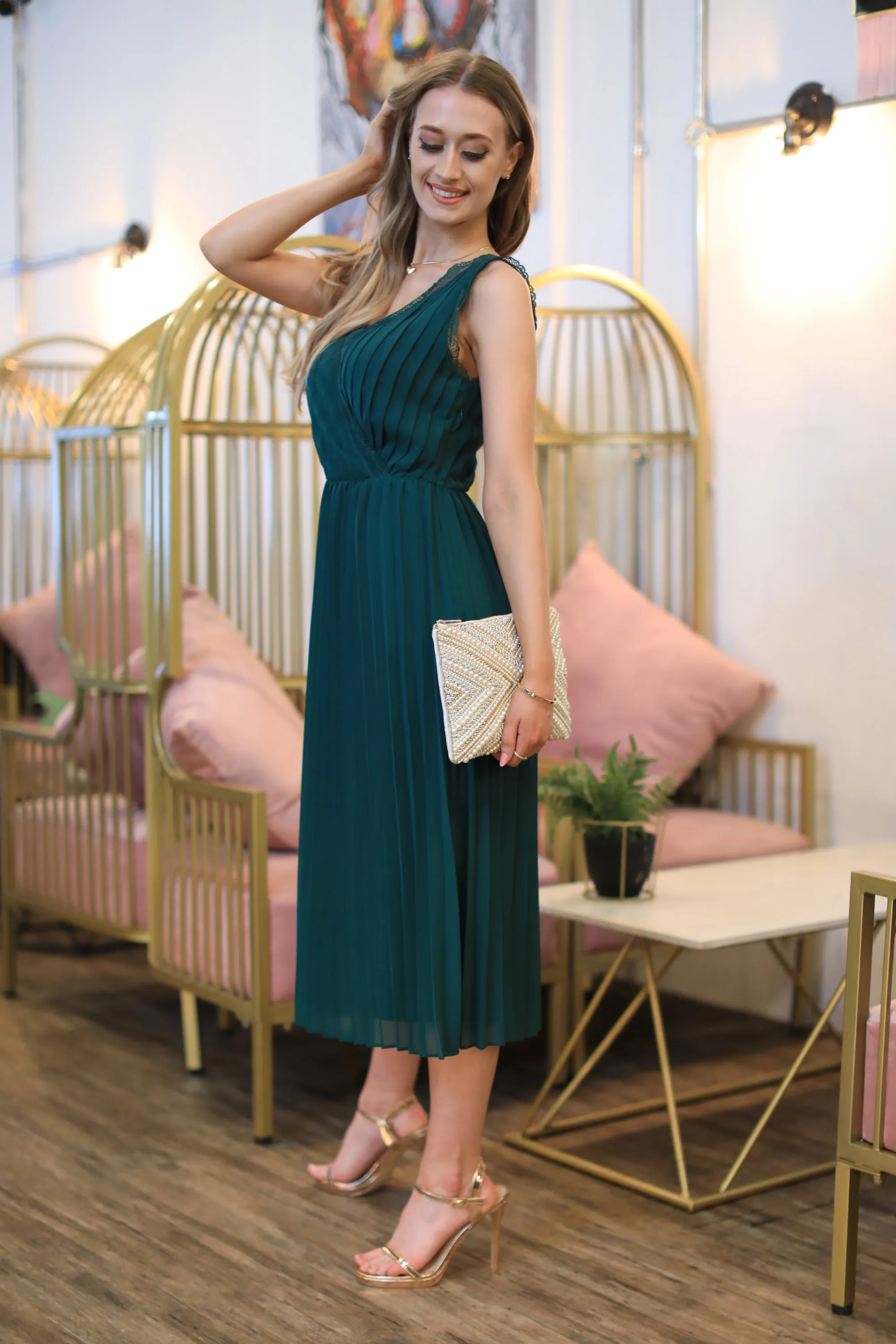 Double Second Dark Green Sleeveless Lace Trim Wrap Front Pleated Chiffon Midi Dress