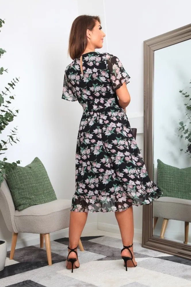 Double Second Floral Print Frill Hem Wrap Dress - Black