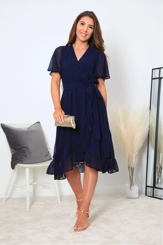 Double Second Navy Chiffon Wrap Dress With Tea Sleeve