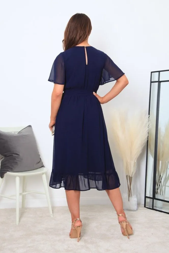 Double Second Navy Chiffon Wrap Dress With Tea Sleeve