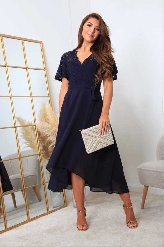 Double Second Navy Lace Wrap Front High Low Hem Dress