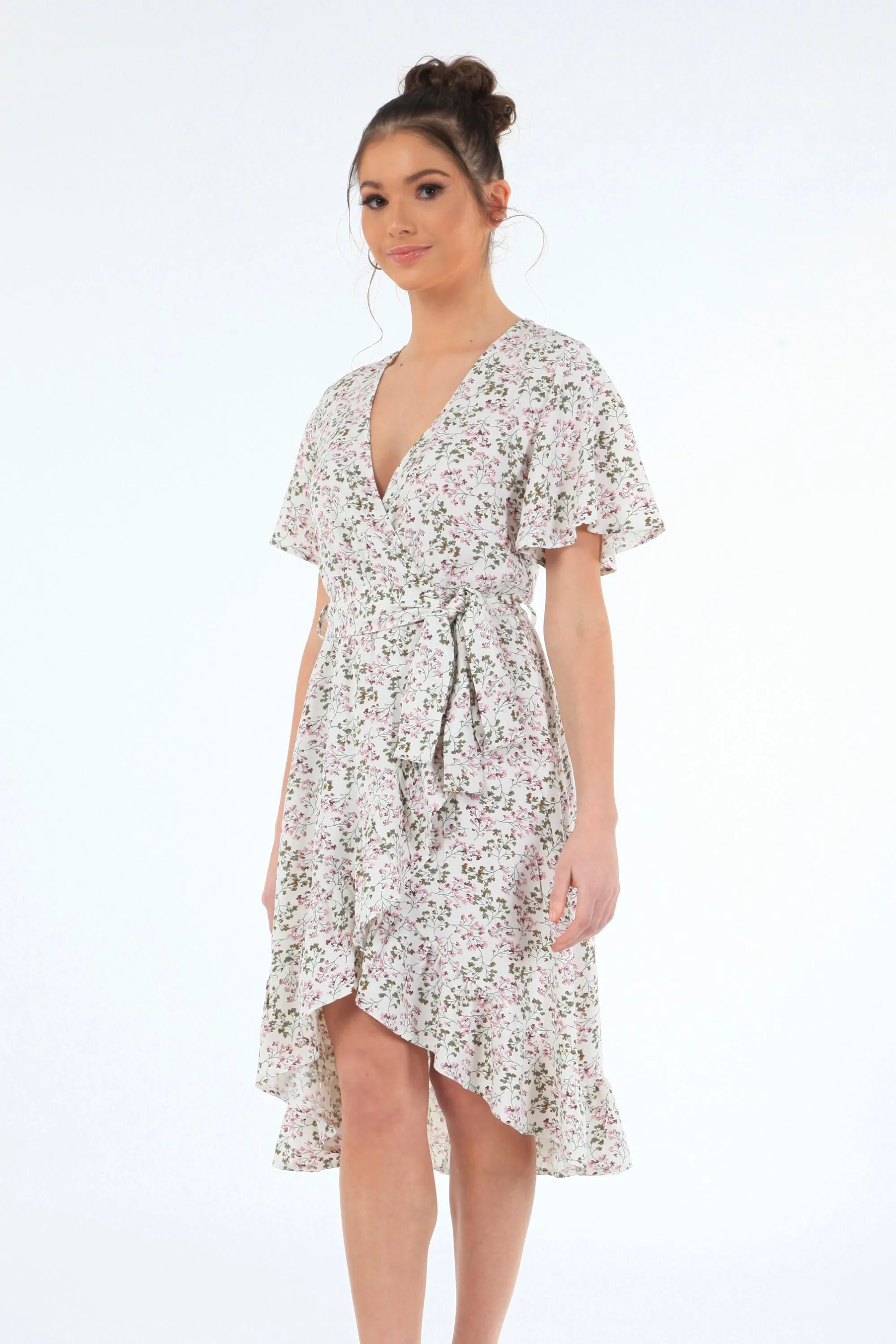 Double Second White Print Tea Sleeves Back Wrap Dress