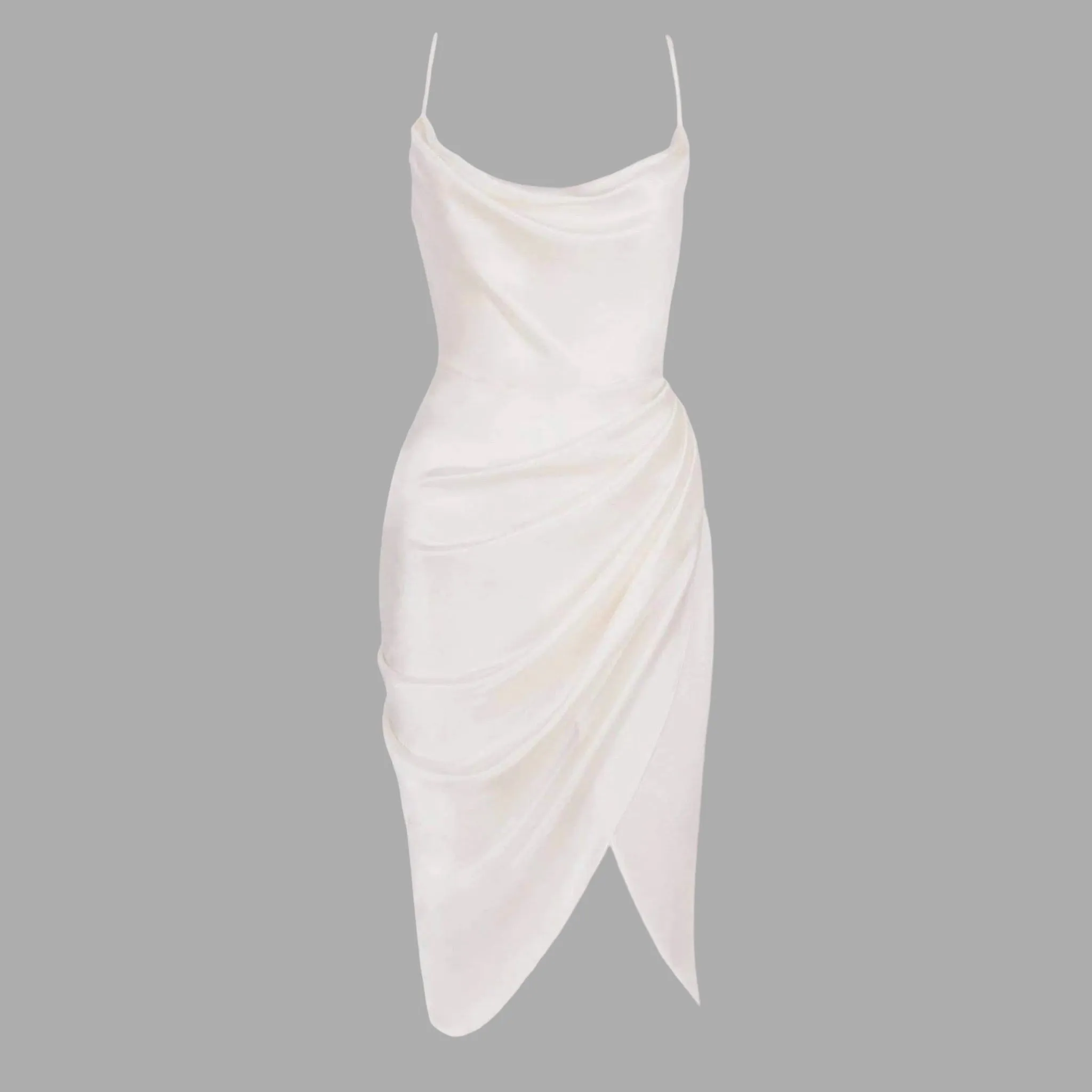 Draped Collar Wrap Ruched Satin Cami Dress