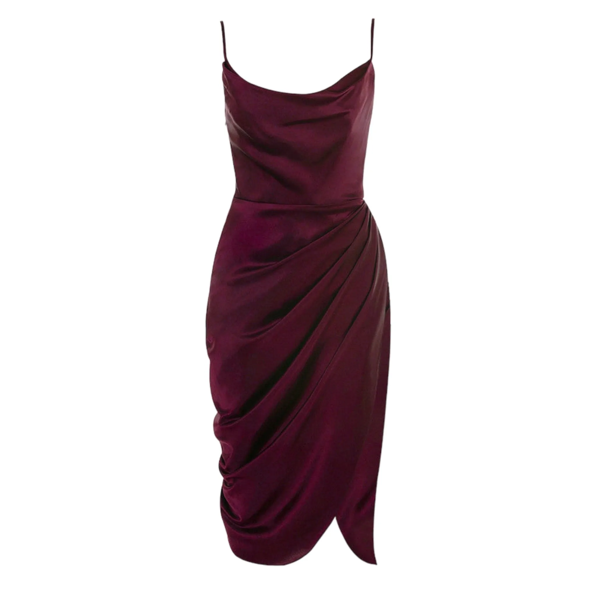 Draped Collar Wrap Ruched Satin Cami Dress