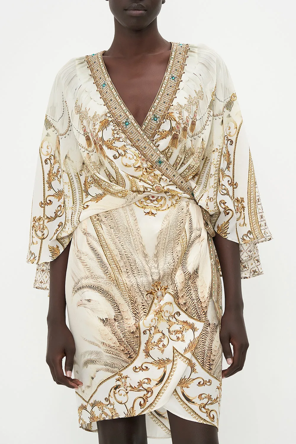 DRAPED FRONT WRAP DRESS SOAR LIKE AN EAGLE