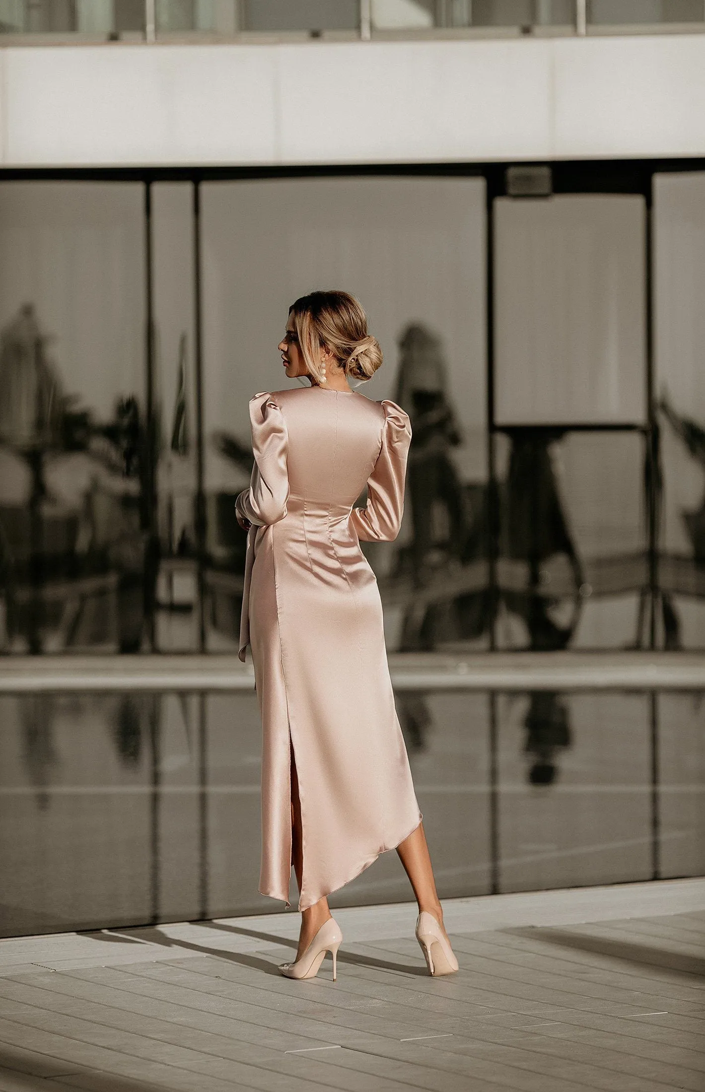 Dusty Pink Puff Sleeve Wrap Dress