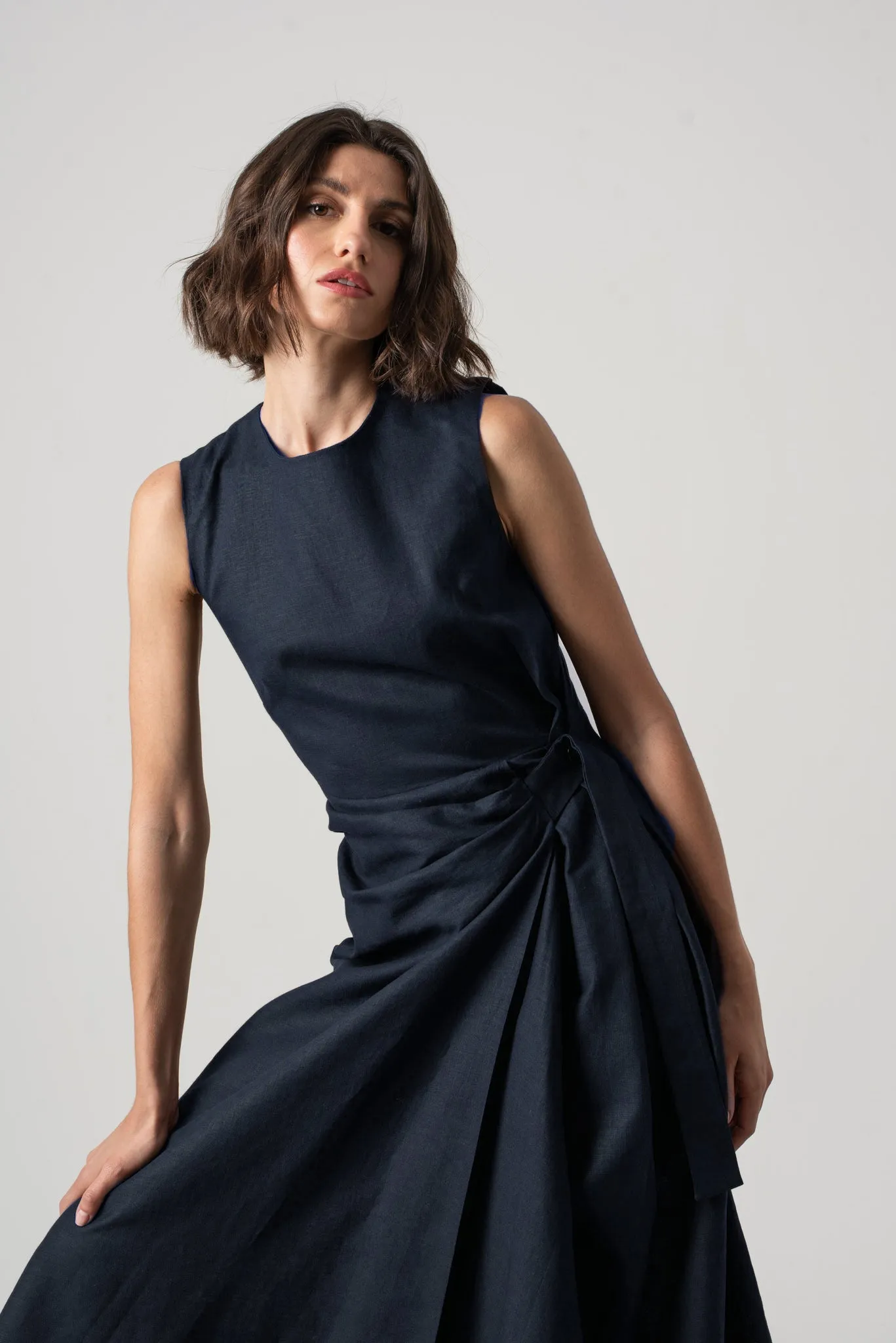 Eda Linen Midi Wrap Dress Navy