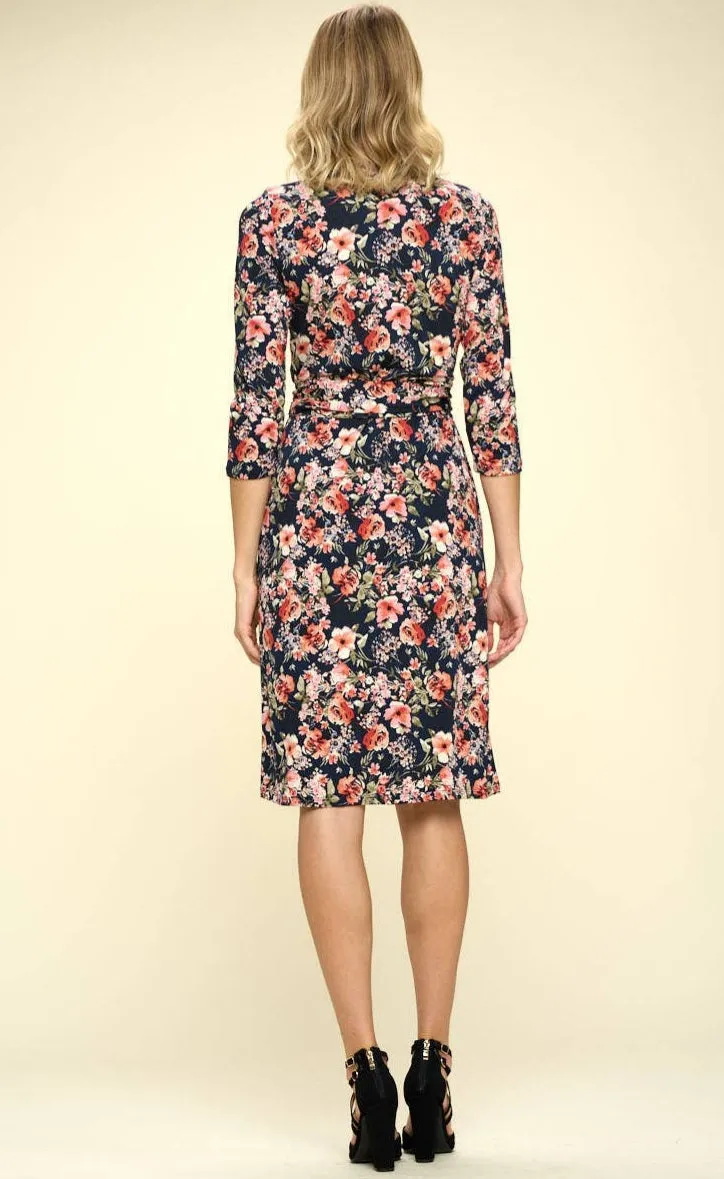 Effortless and Chic, Floral Print V Neck Midi Length Women's Wrap Dress