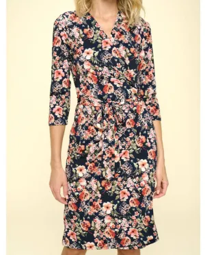 Effortless and Chic, Floral Print V Neck Midi Length Women's Wrap Dress