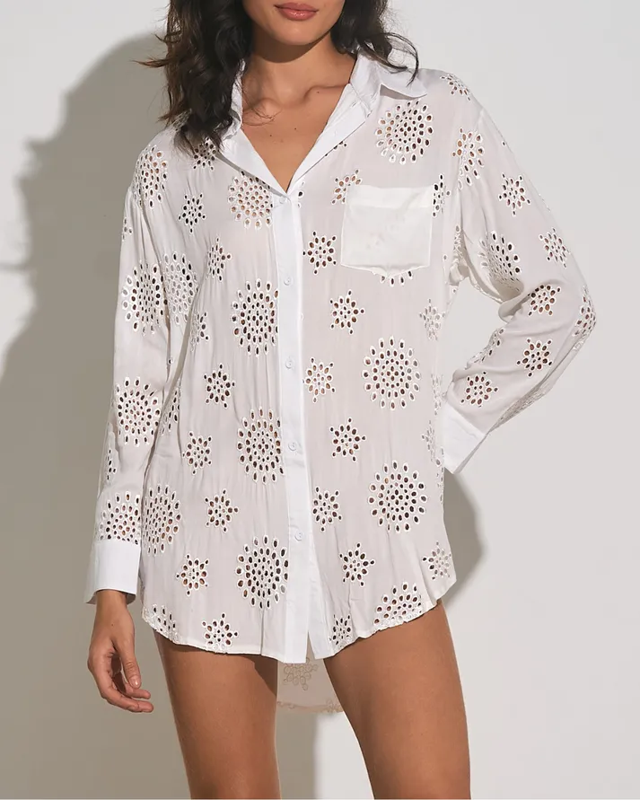 Elan Button Up Big Shirt Cover Up - White