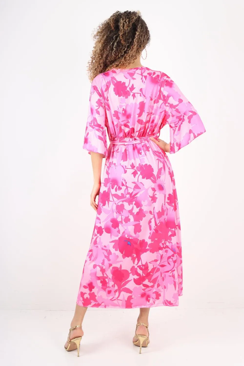 Elasticated Waist Tie Leaf Floral Printed Wrap Over Maxi Dress