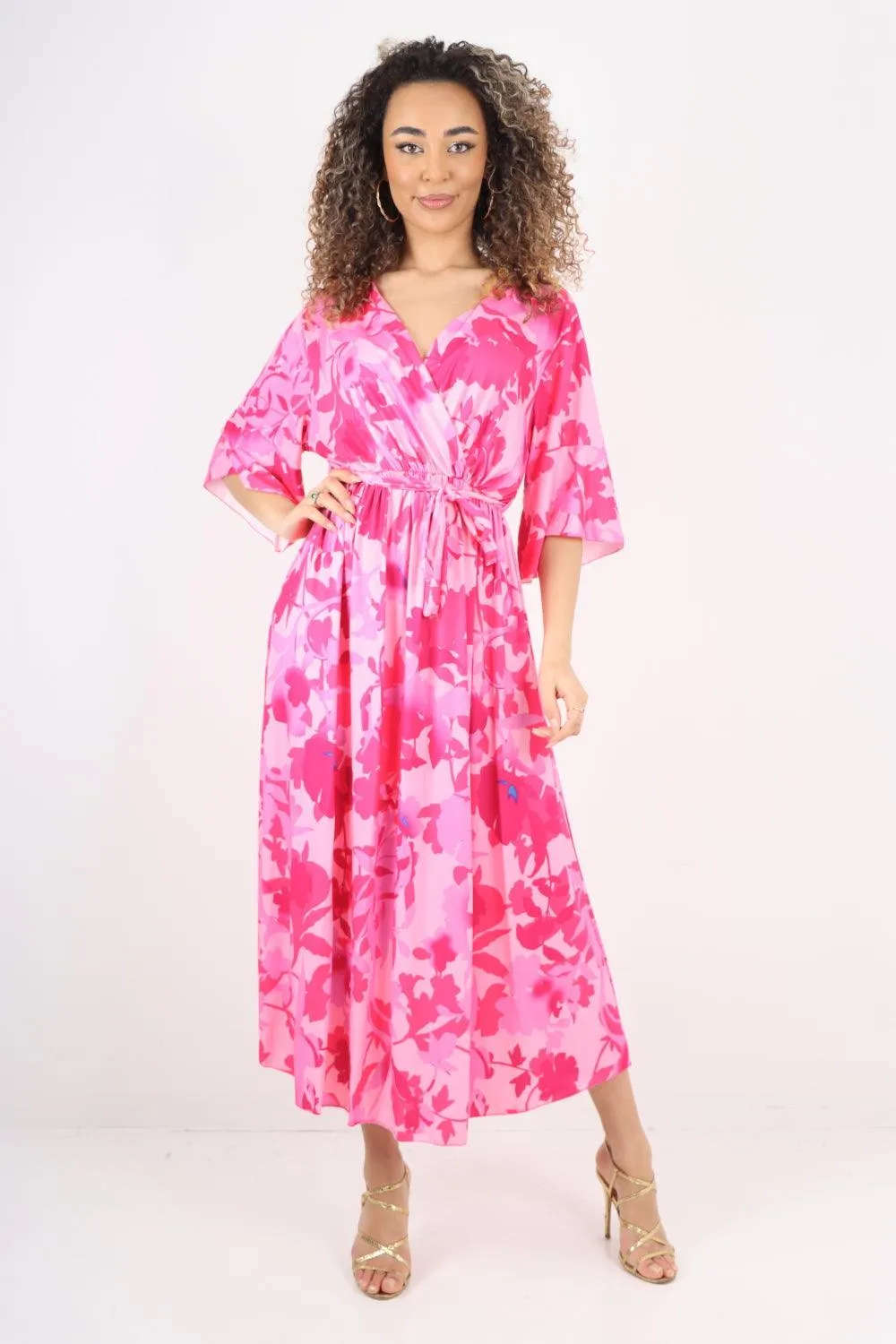 Elasticated Waist Tie Leaf Floral Printed Wrap Over Maxi Dress