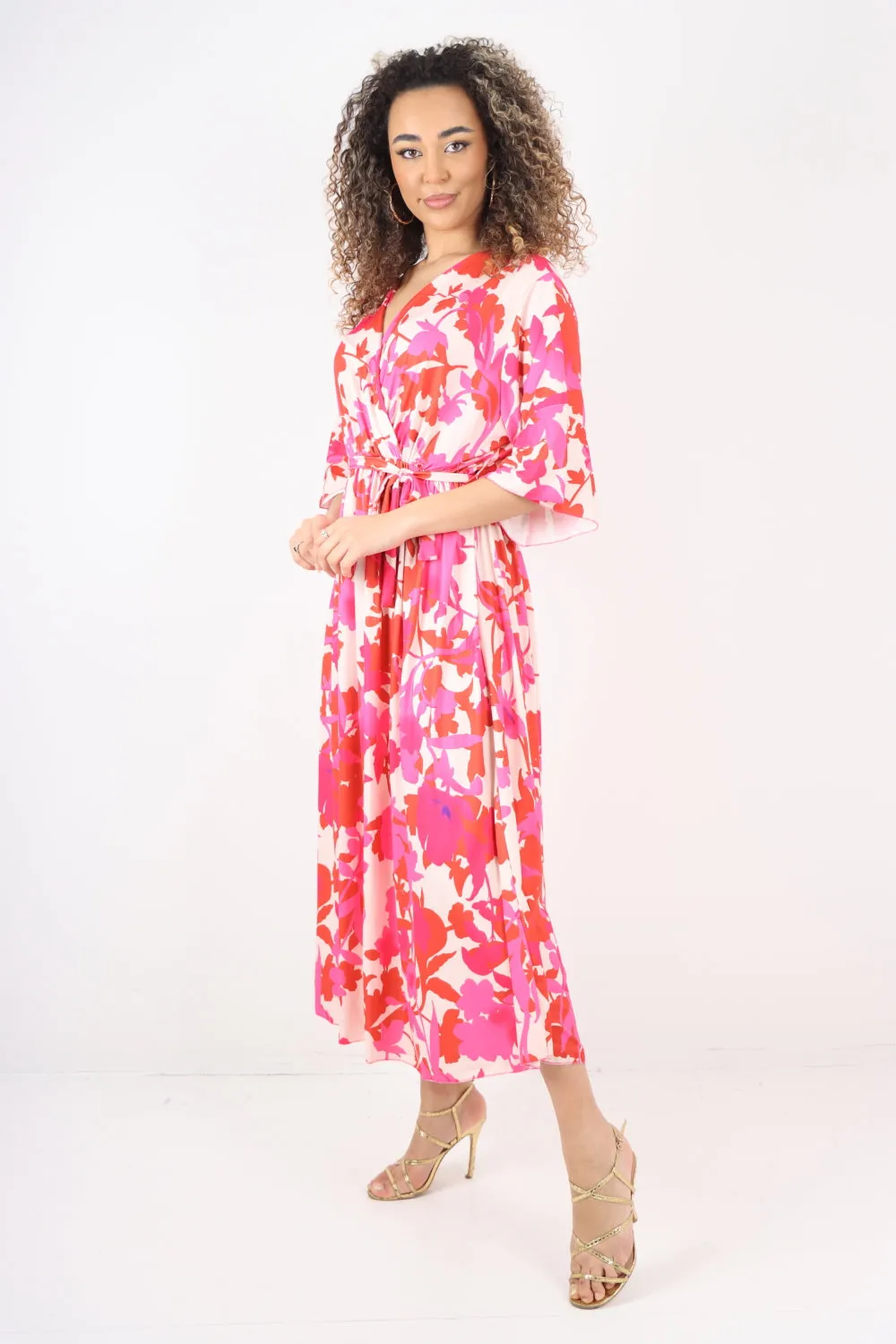 Elasticated Waist Tie Leaf Floral Printed Wrap Over Maxi Dress