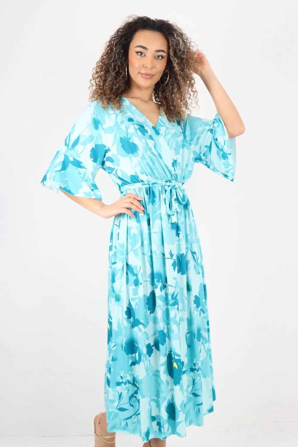 Elasticated Waist Tie Leaf Floral Printed Wrap Over Maxi Dress