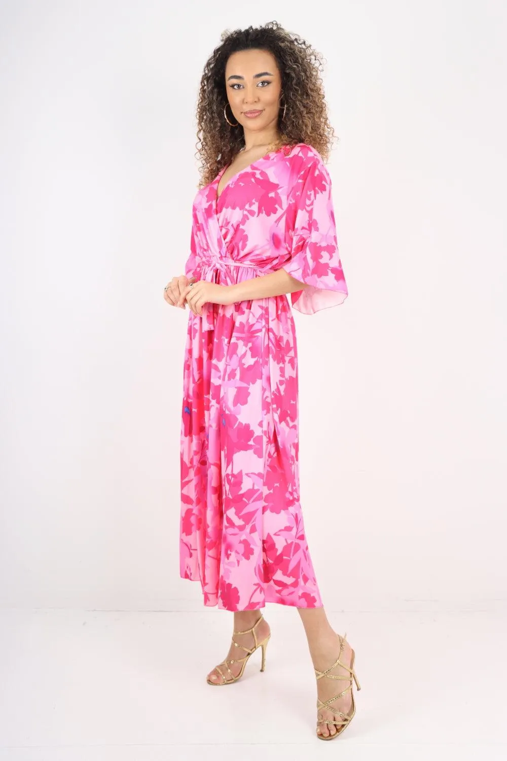 Elasticated Waist Tie Leaf Floral Printed Wrap Over Maxi Dress