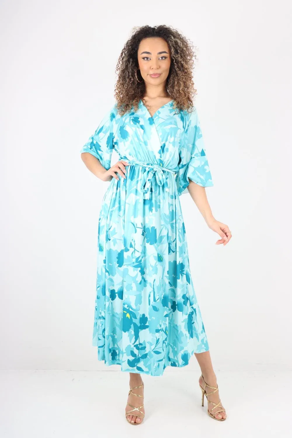 Elasticated Waist Tie Leaf Floral Printed Wrap Over Maxi Dress