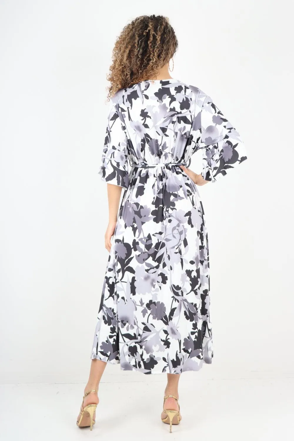 Elasticated Waist Tie Leaf Floral Printed Wrap Over Maxi Dress