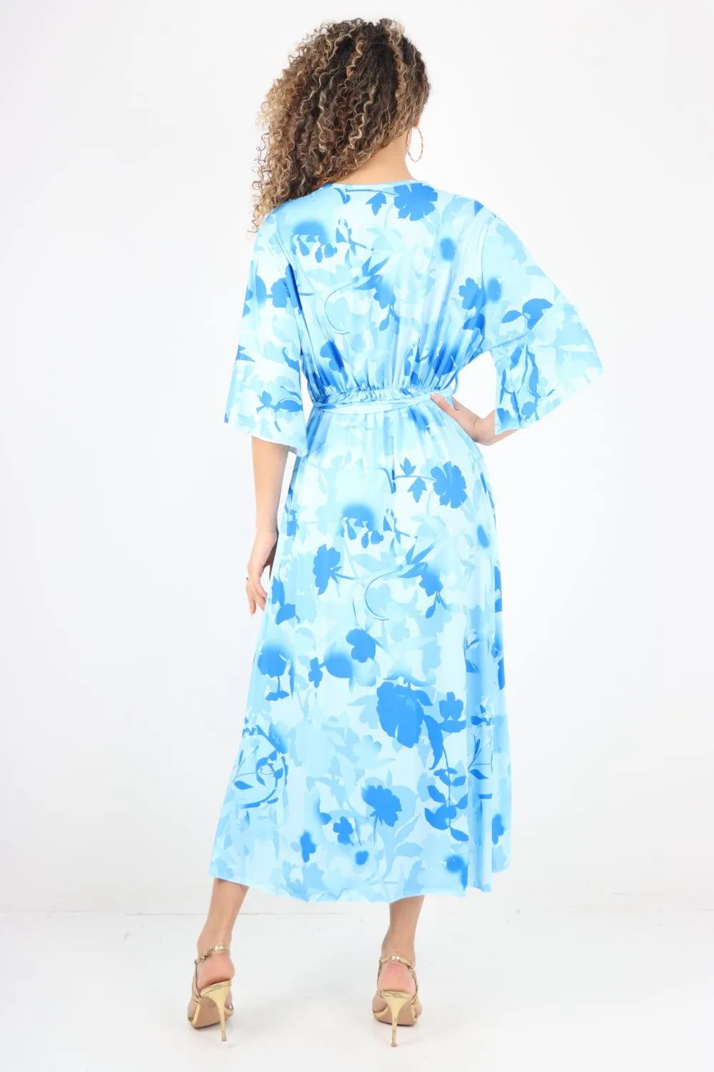 Elasticated Waist Tie Leaf Floral Printed Wrap Over Maxi Dress