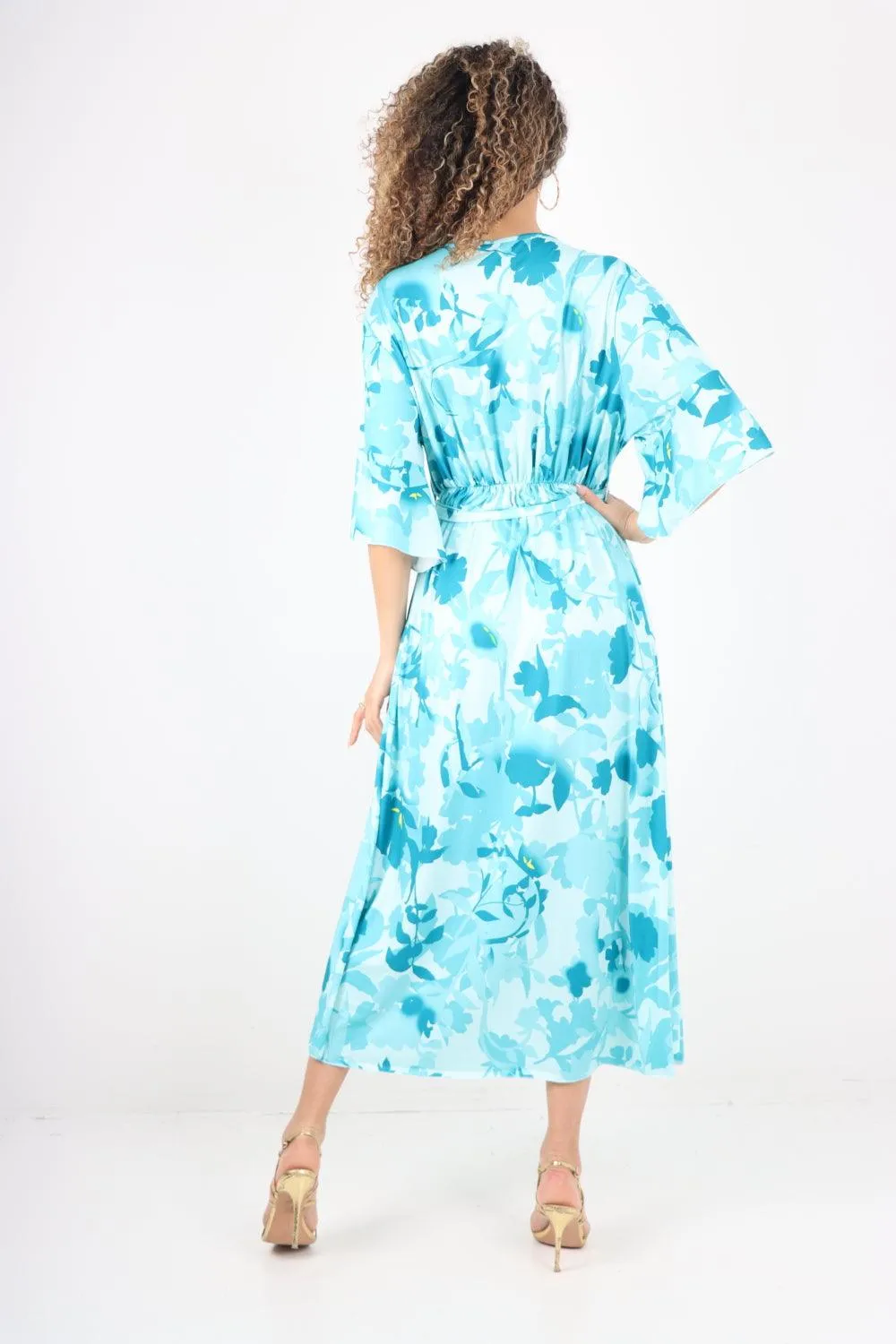 Elasticated Waist Tie Leaf Floral Printed Wrap Over Maxi Dress