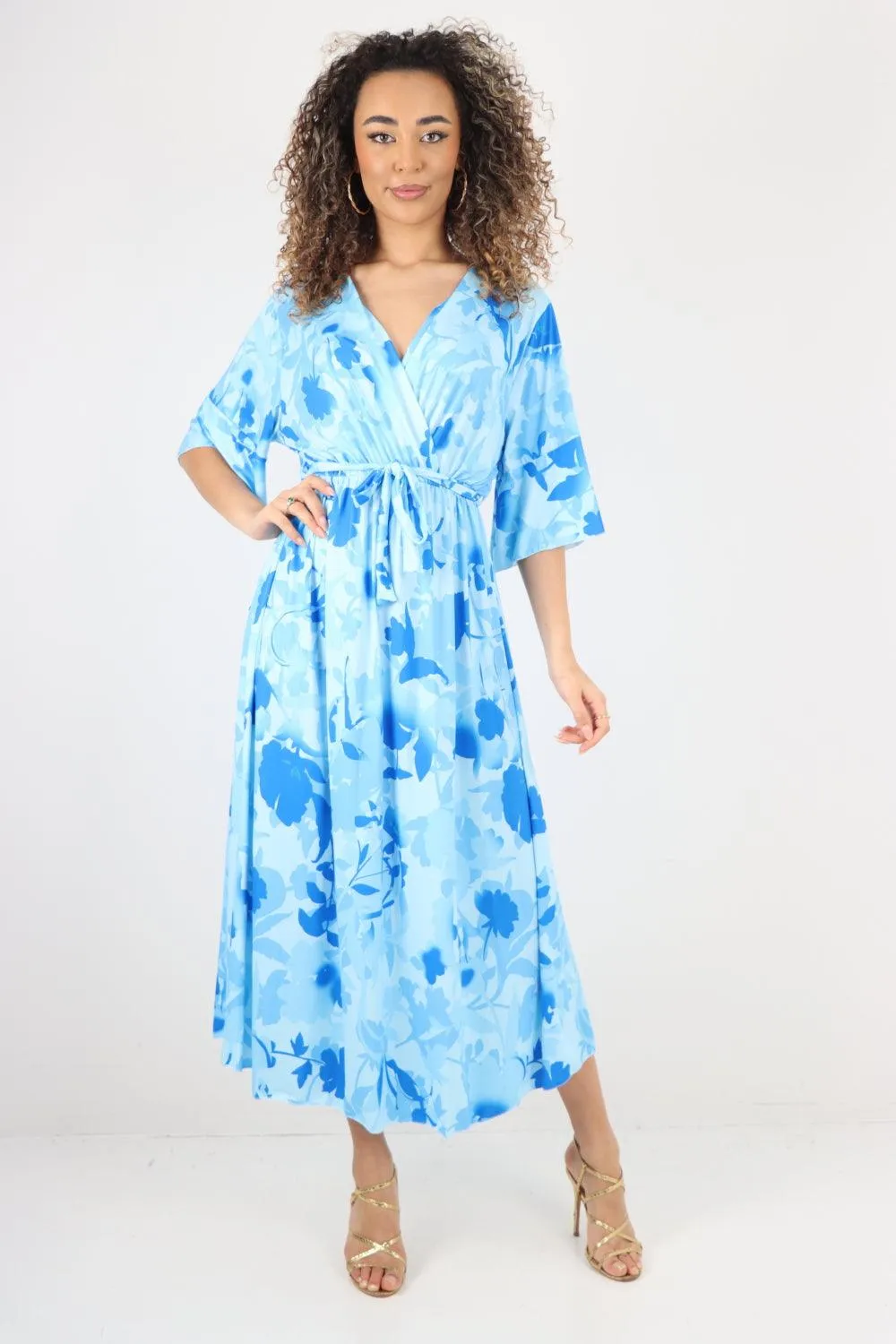 Elasticated Waist Tie Leaf Floral Printed Wrap Over Maxi Dress