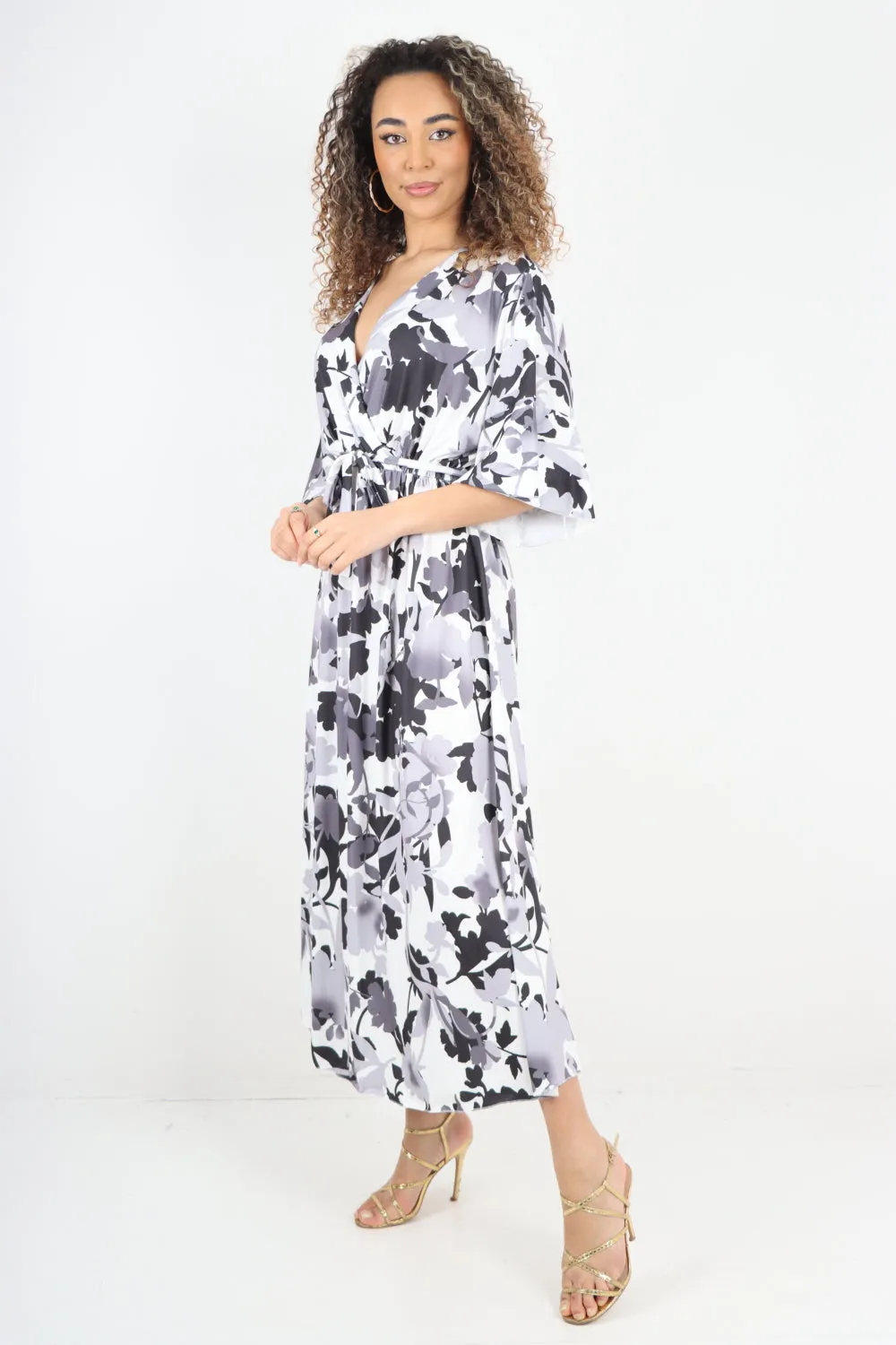 Elasticated Waist Tie Leaf Floral Printed Wrap Over Maxi Dress