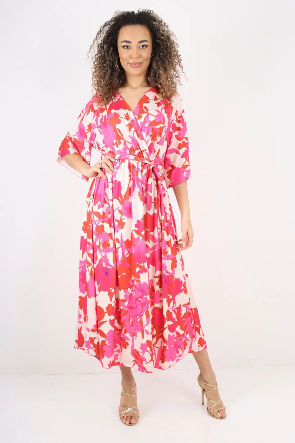 Elasticated Waist Tie Leaf Floral Printed Wrap Over Maxi Dress