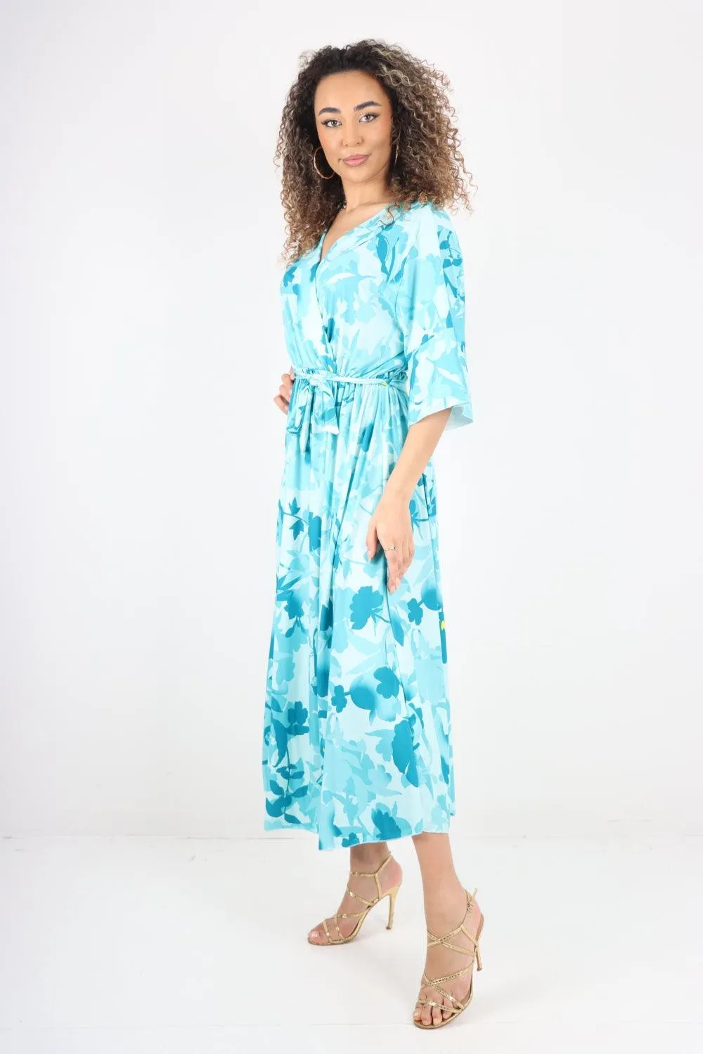 Elasticated Waist Tie Leaf Floral Printed Wrap Over Maxi Dress