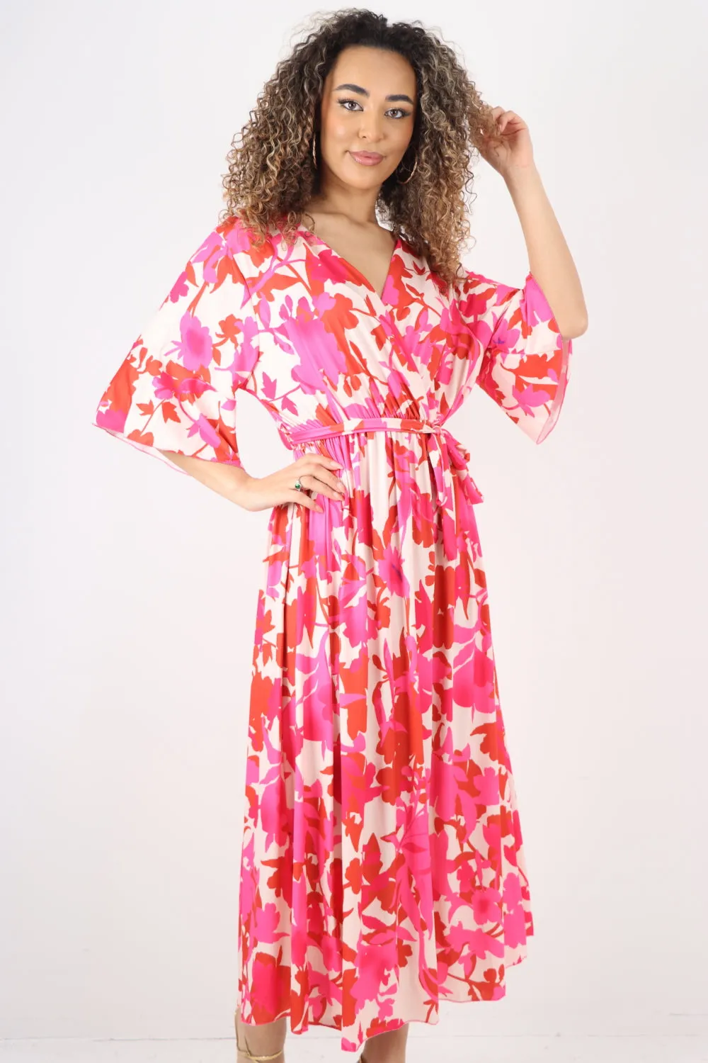 Elasticated Waist Tie Leaf Floral Printed Wrap Over Maxi Dress