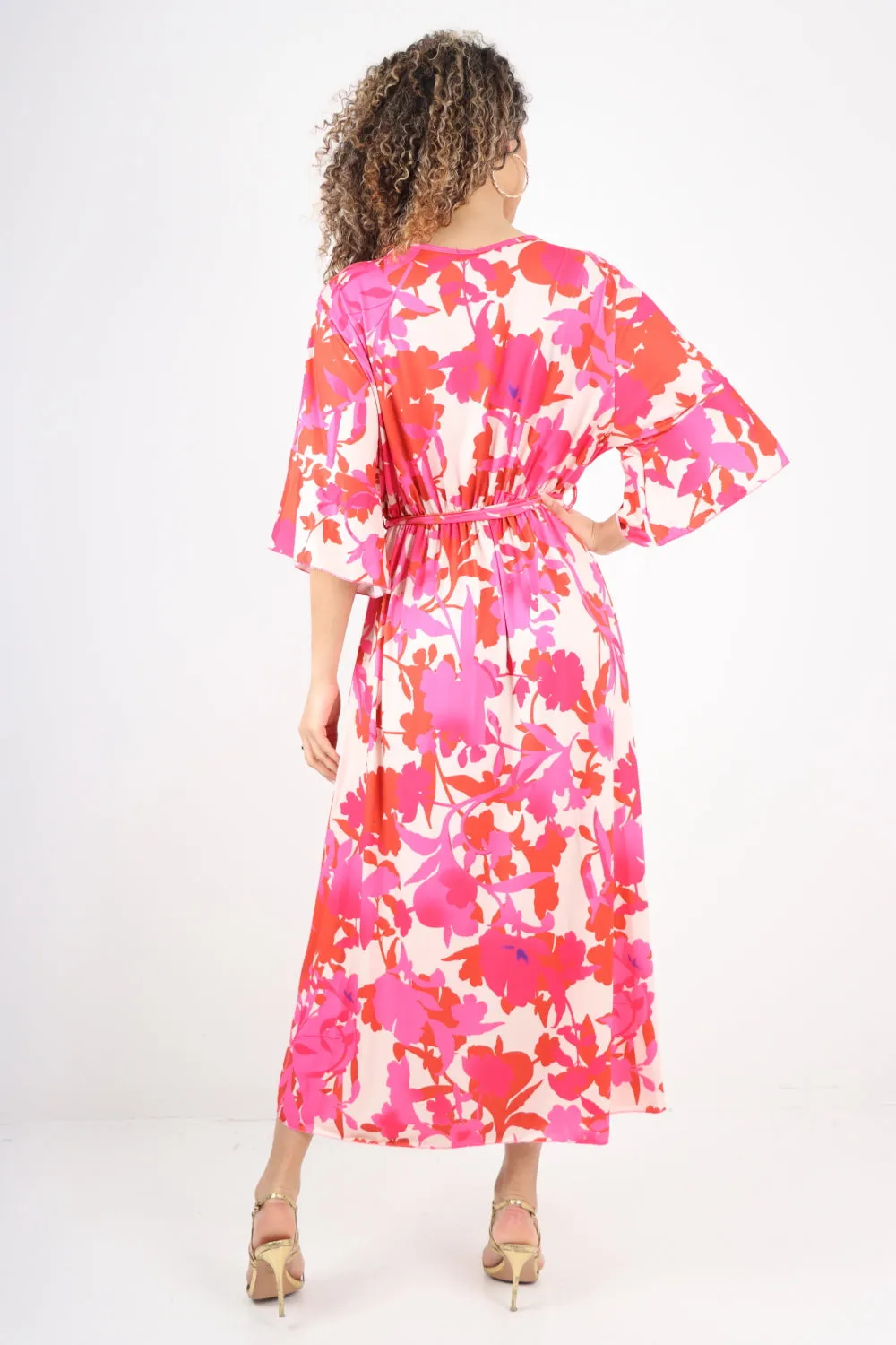 Elasticated Waist Tie Leaf Floral Printed Wrap Over Maxi Dress