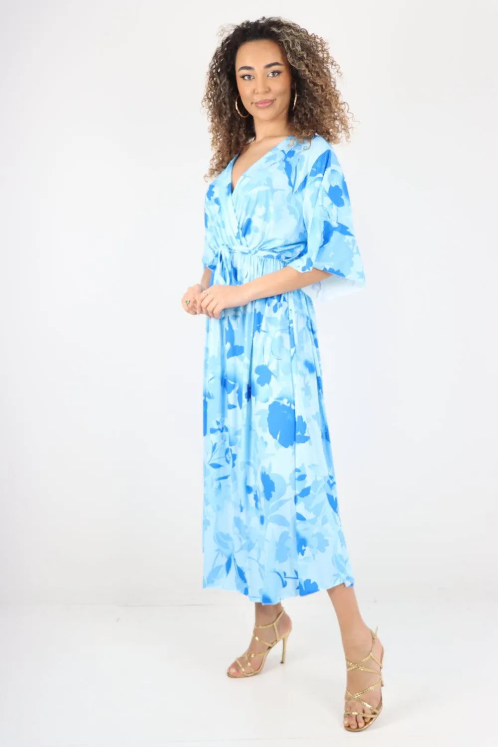 Elasticated Waist Tie Leaf Floral Printed Wrap Over Maxi Dress