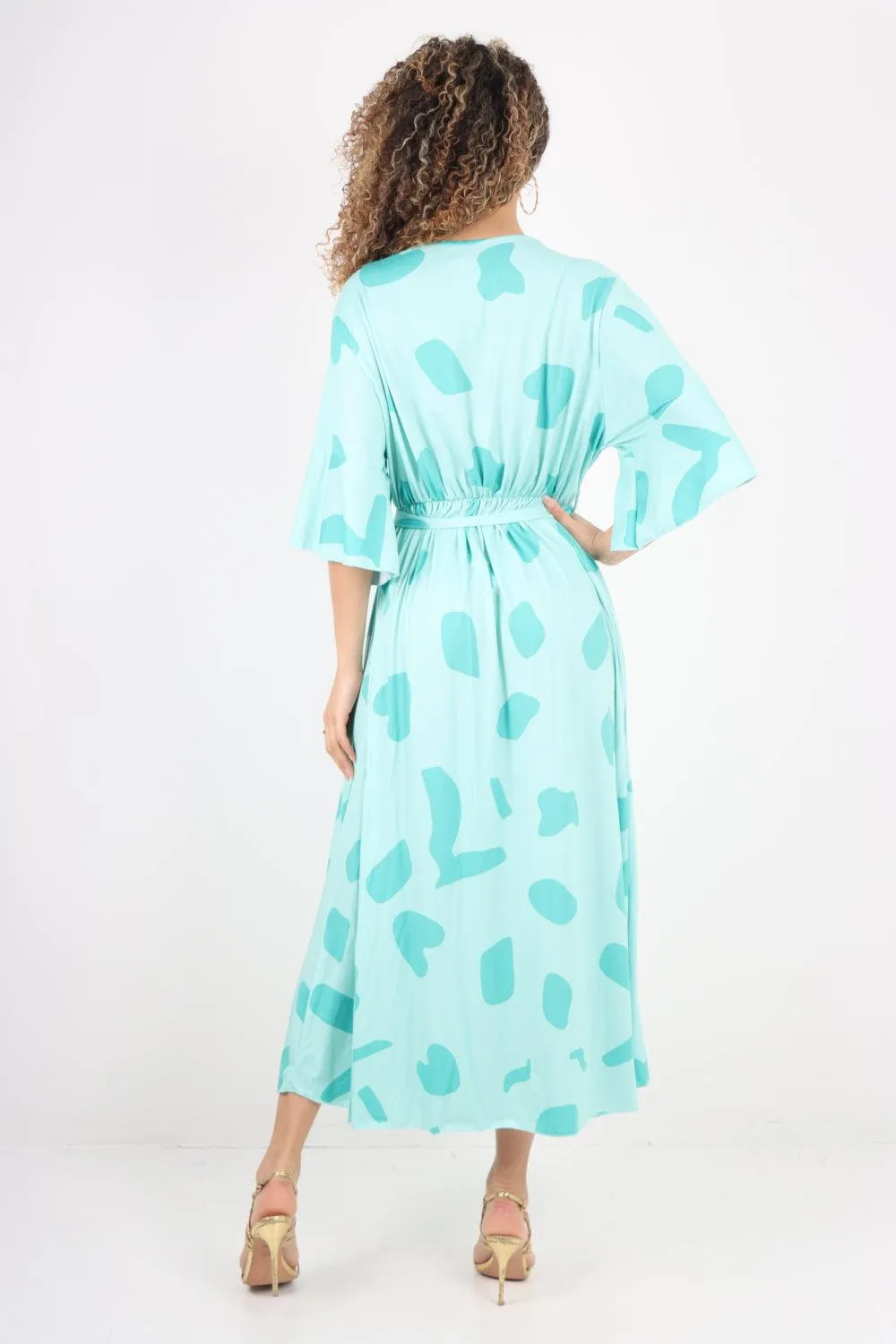 Elasticated Waist Tie Printed Polka Dot Wrap Over Maxi Dress