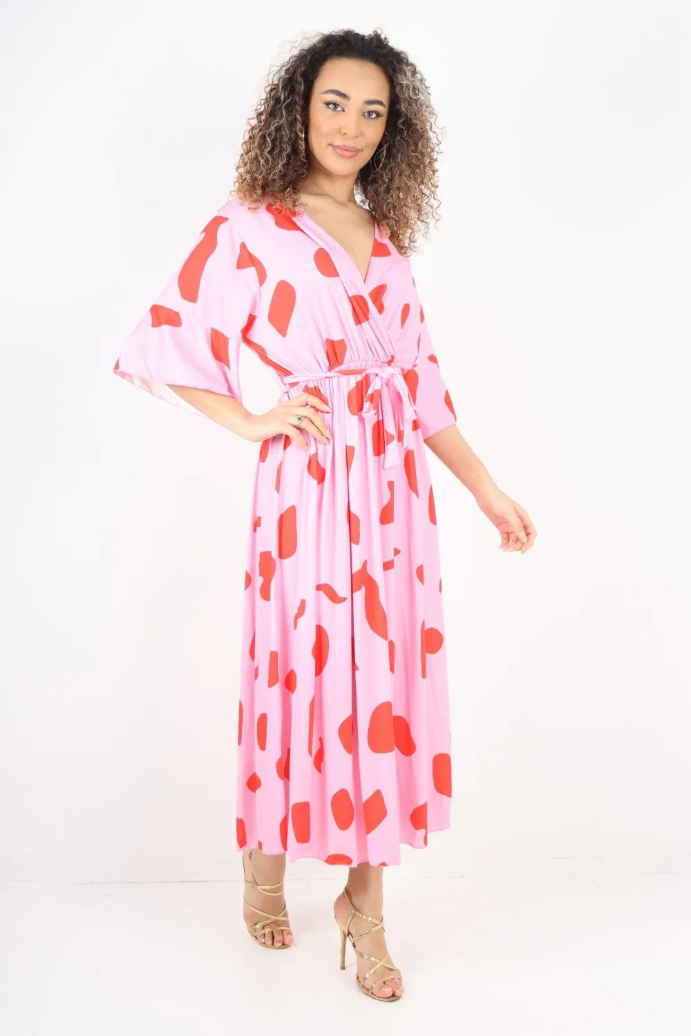 Elasticated Waist Tie Printed Polka Dot Wrap Over Maxi Dress