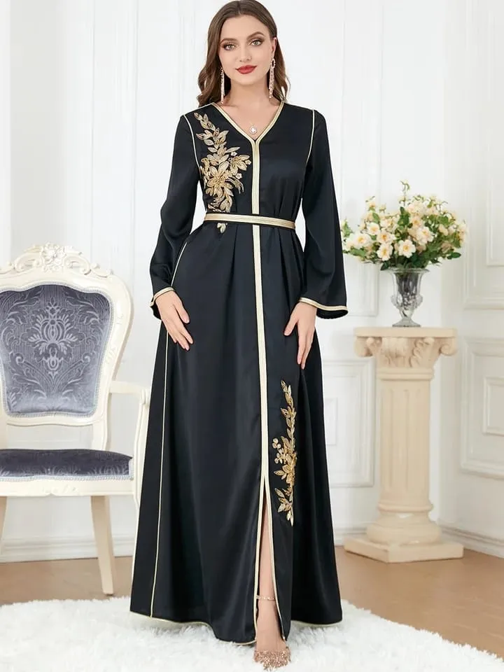 Elegant Muslim Women's Kafthan with Slit Belt Morocco Party Dress L 356345