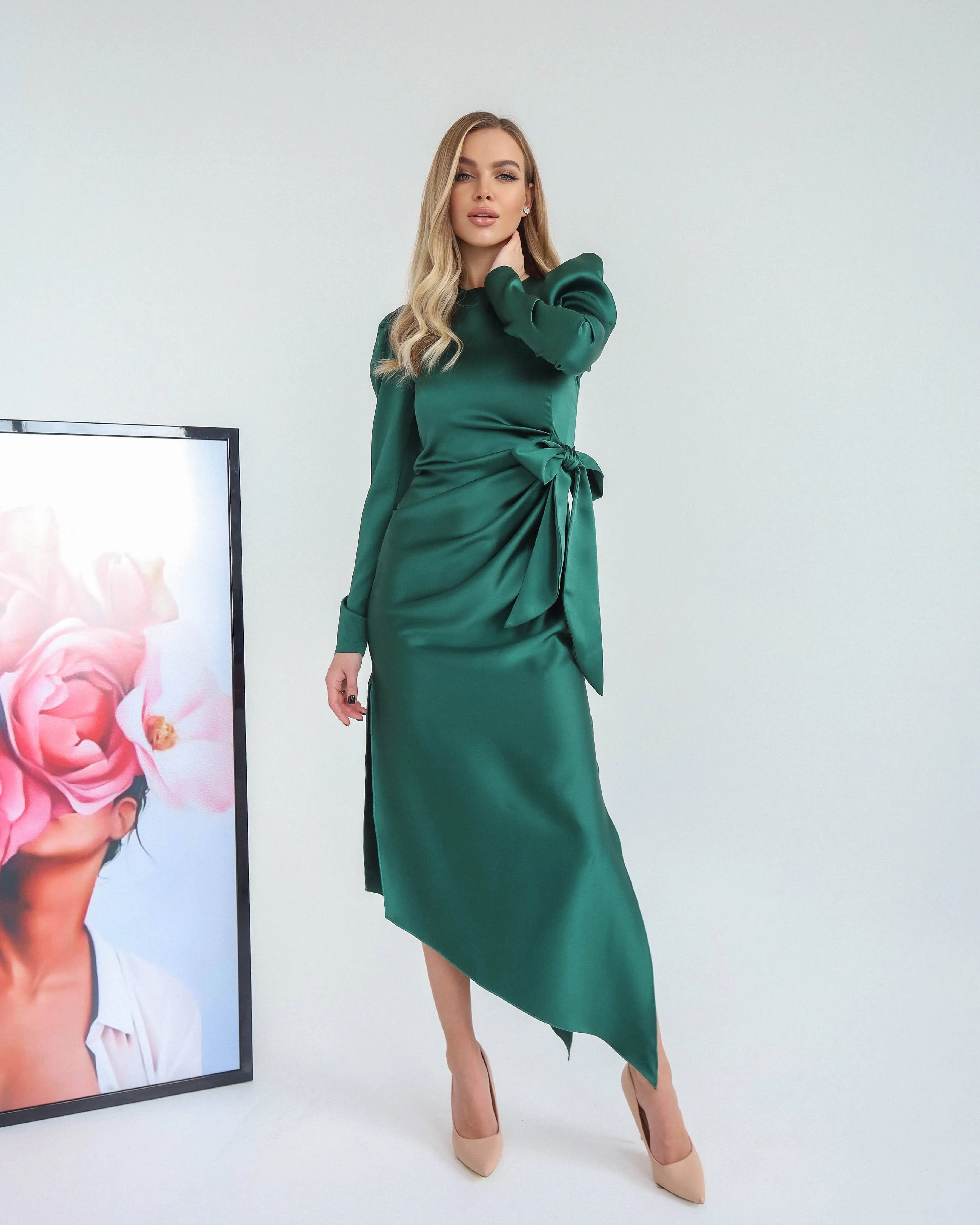 Emerald Puff Sleeve Wrap Dress