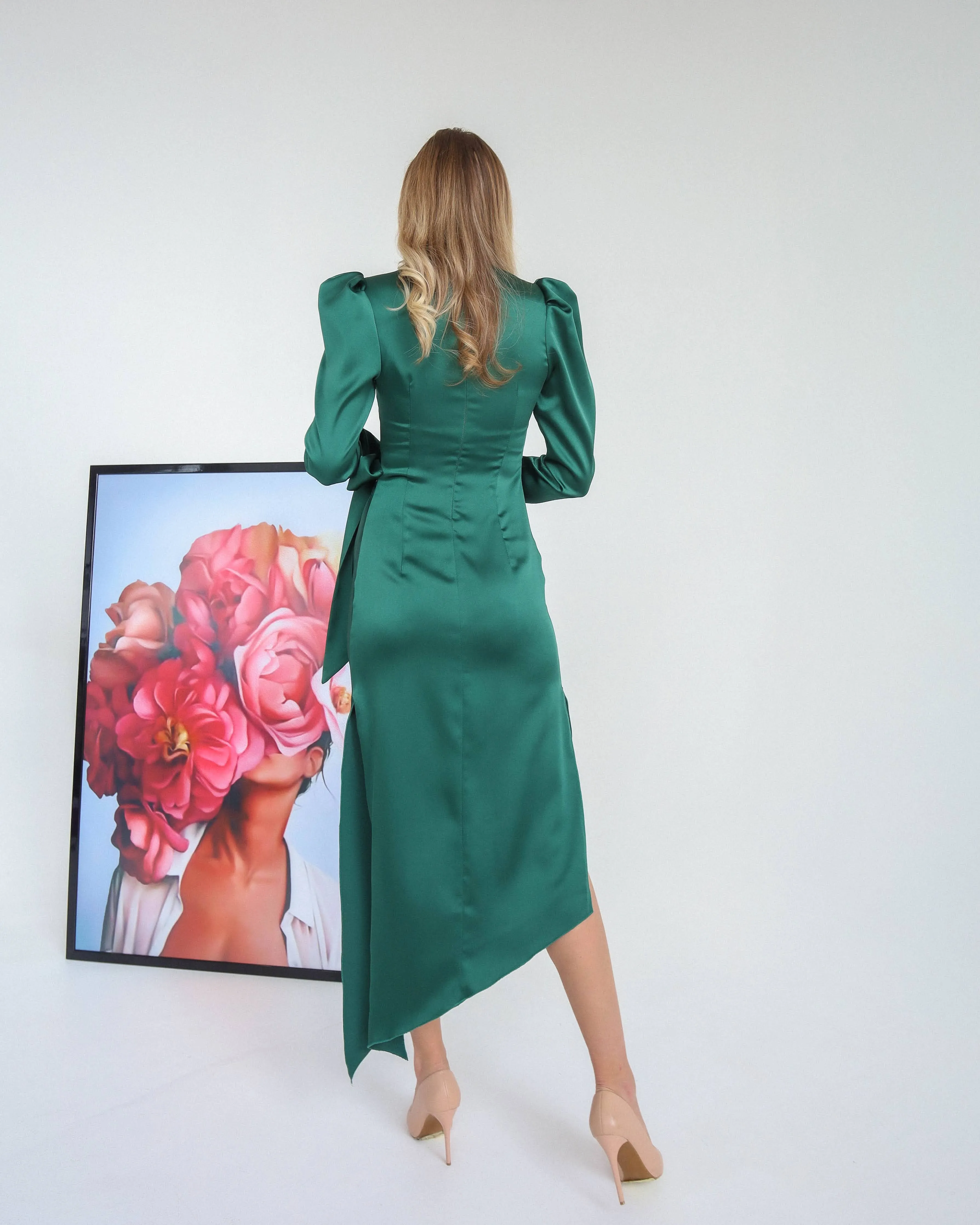 Emerald Puff Sleeve Wrap Dress