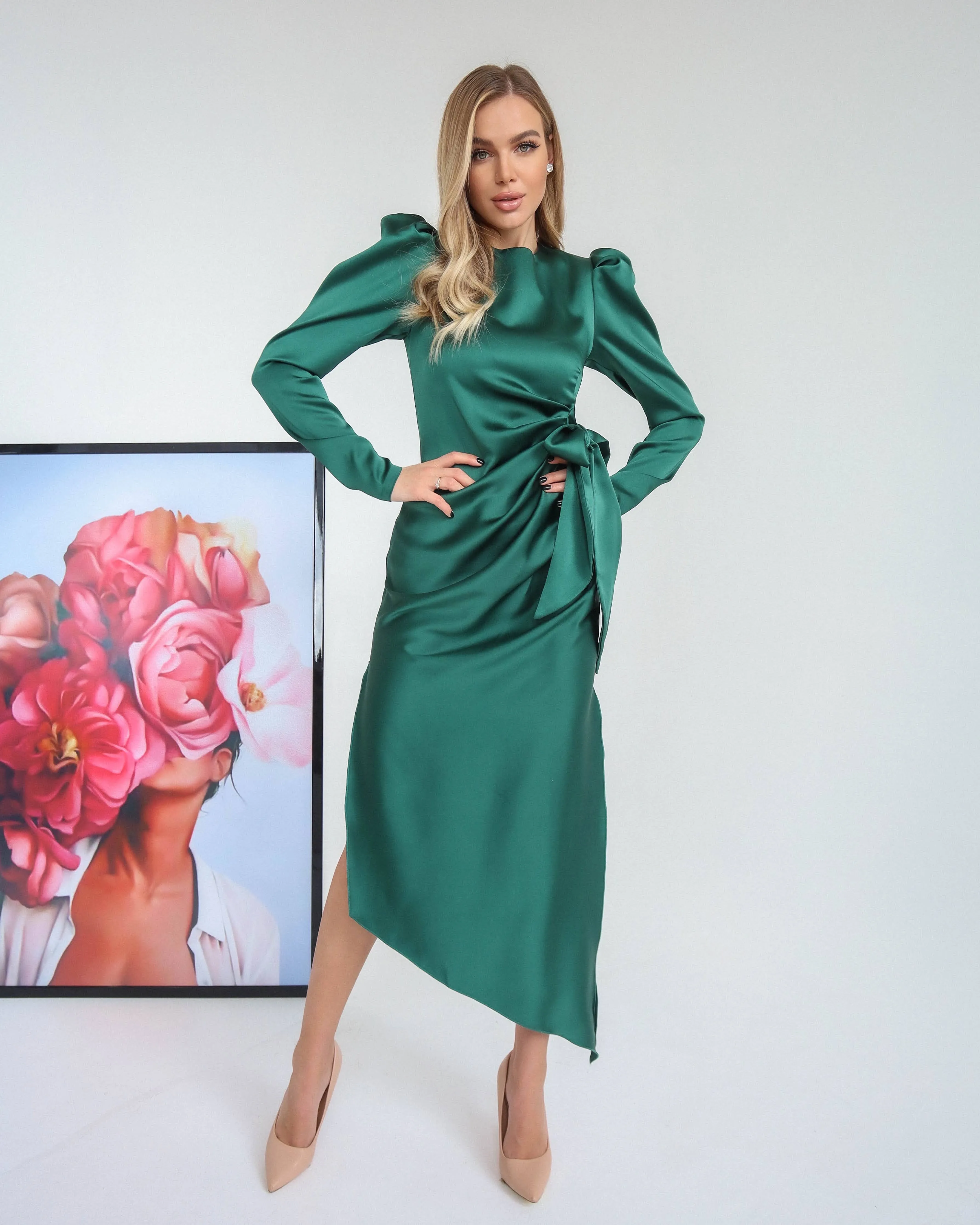 Emerald Puff Sleeve Wrap Dress