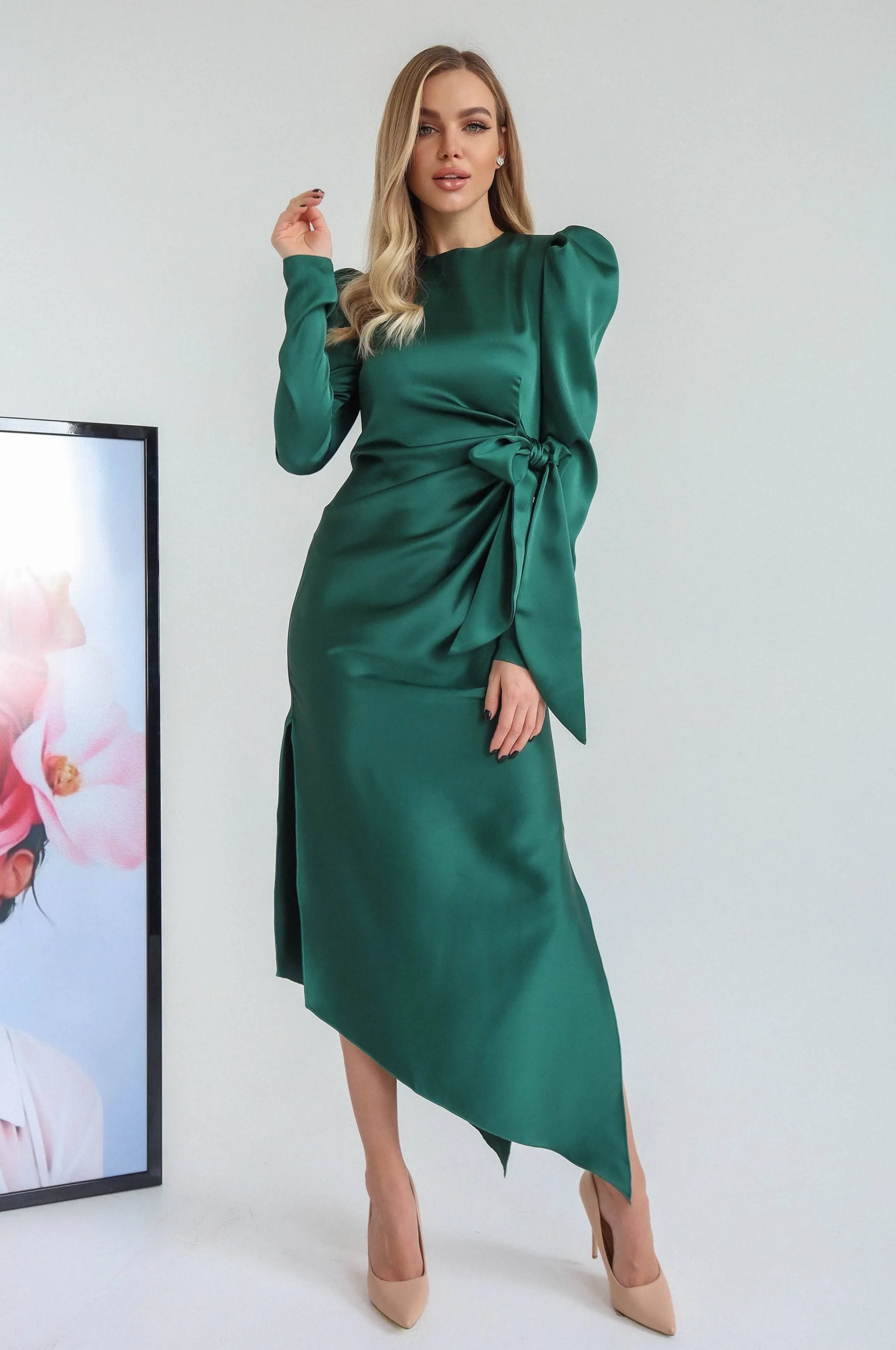 Emerald Puff Sleeve Wrap Dress