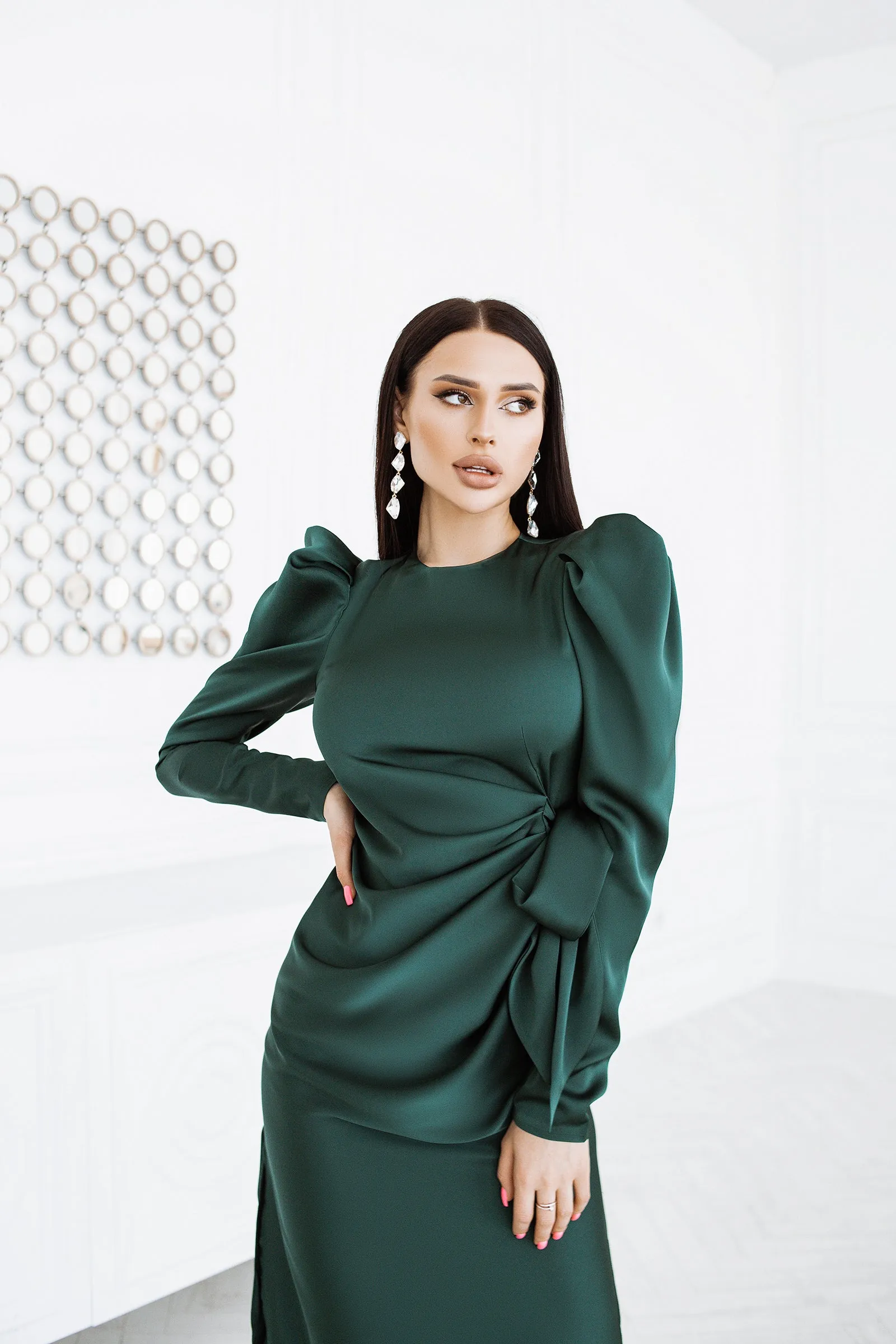 Emerald Puff Sleeve Wrap Dress