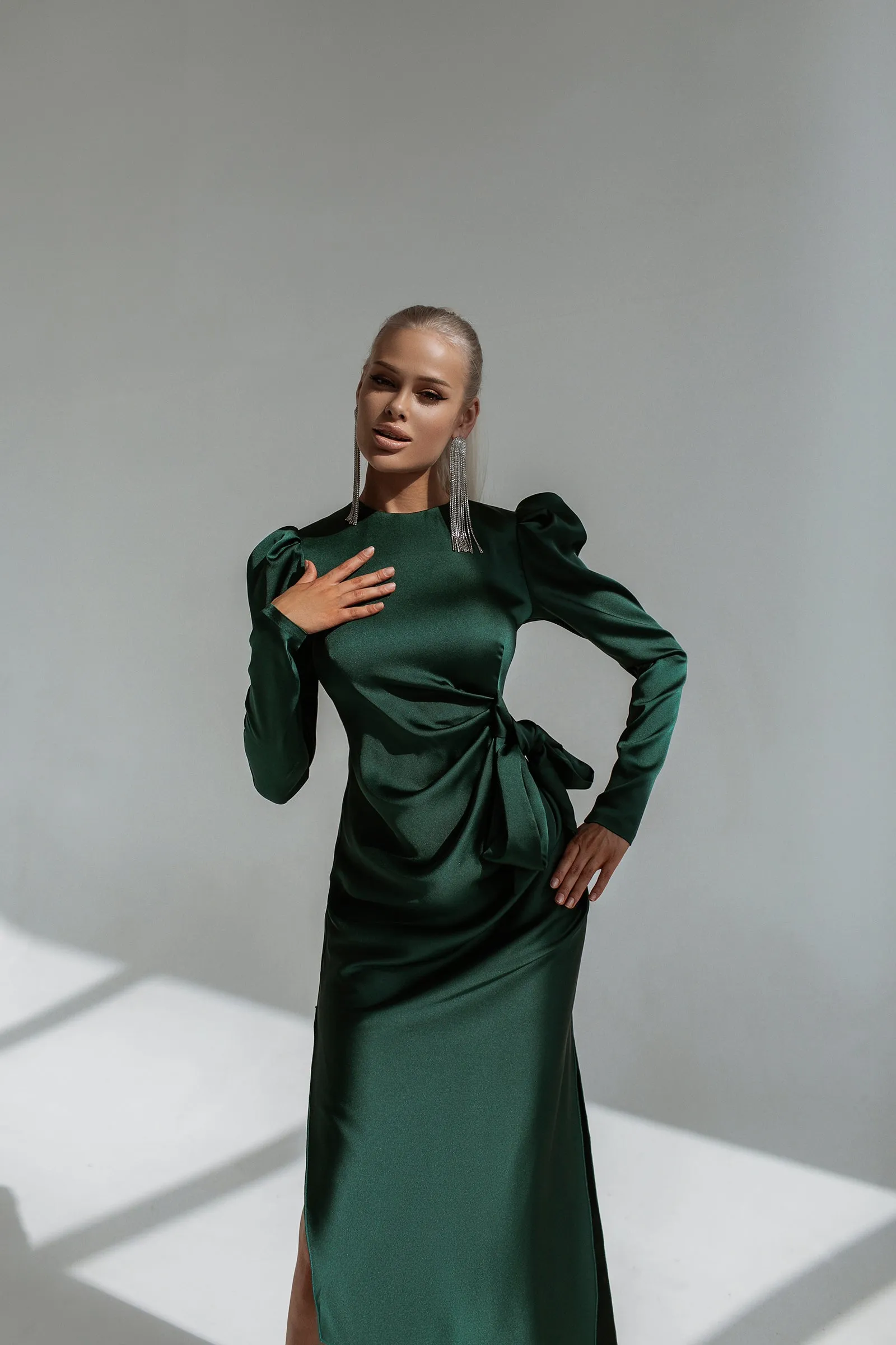 Emerald Puff Sleeve Wrap Dress